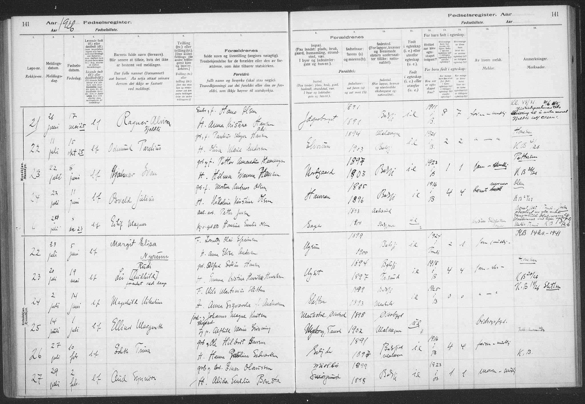 Balsfjord sokneprestembete, AV/SATØ-S-1303/H/Hb/L0059: Birth register no. 59, 1916-1930, p. 141