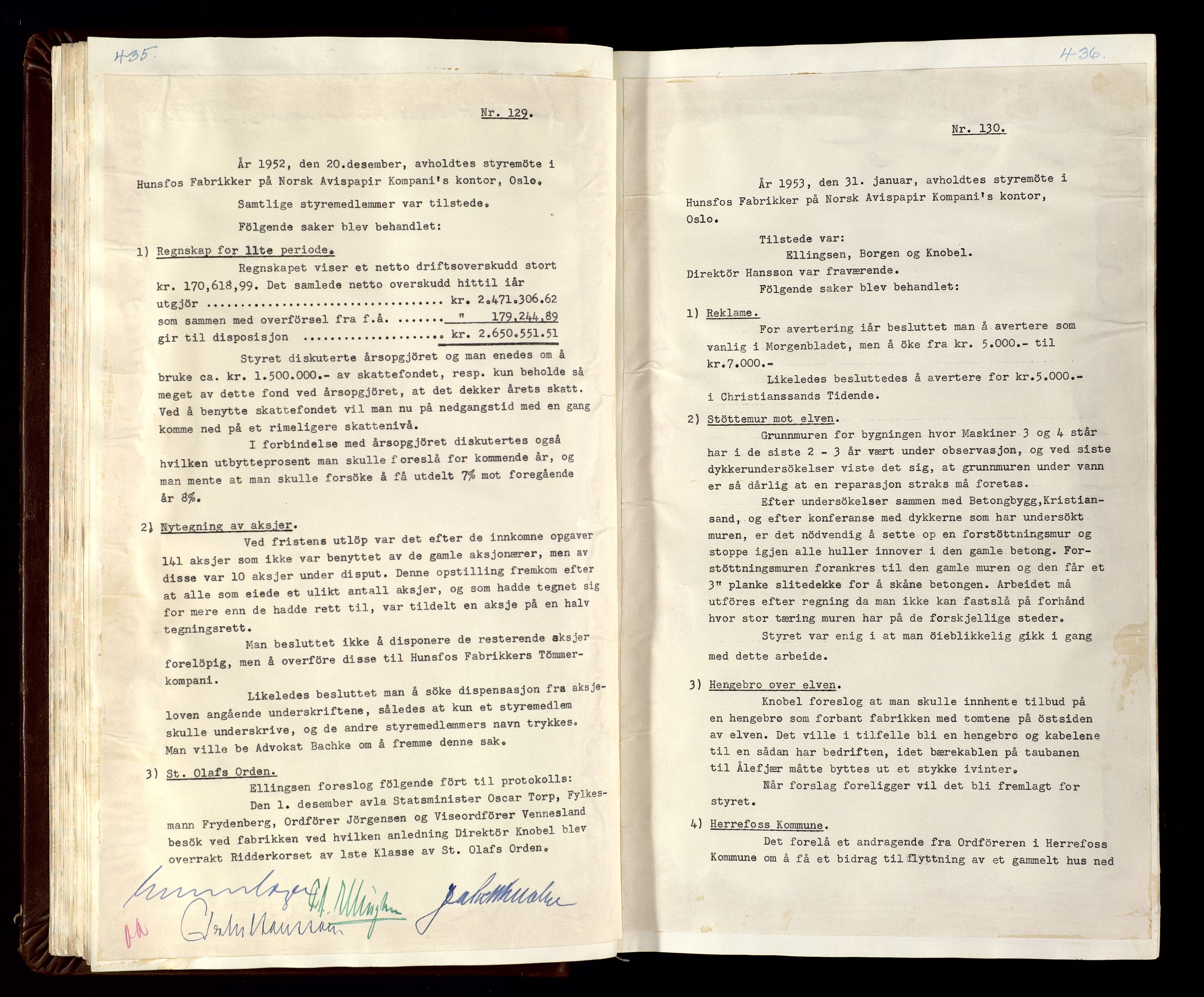 Hunsfos fabrikker, SAK/D/1440/02/L0007: Referatprotokoll fra styremøter (møte nr 114-221), 1951-1964, p. 435-436