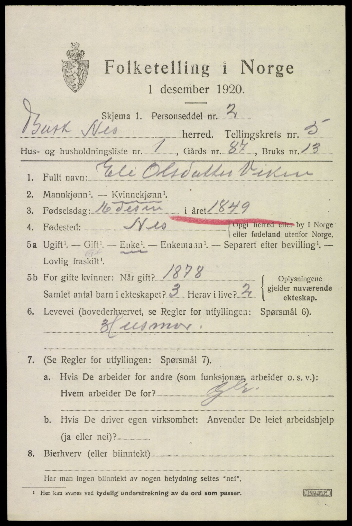 SAKO, 1920 census for Nes (Buskerud), 1920, p. 2498