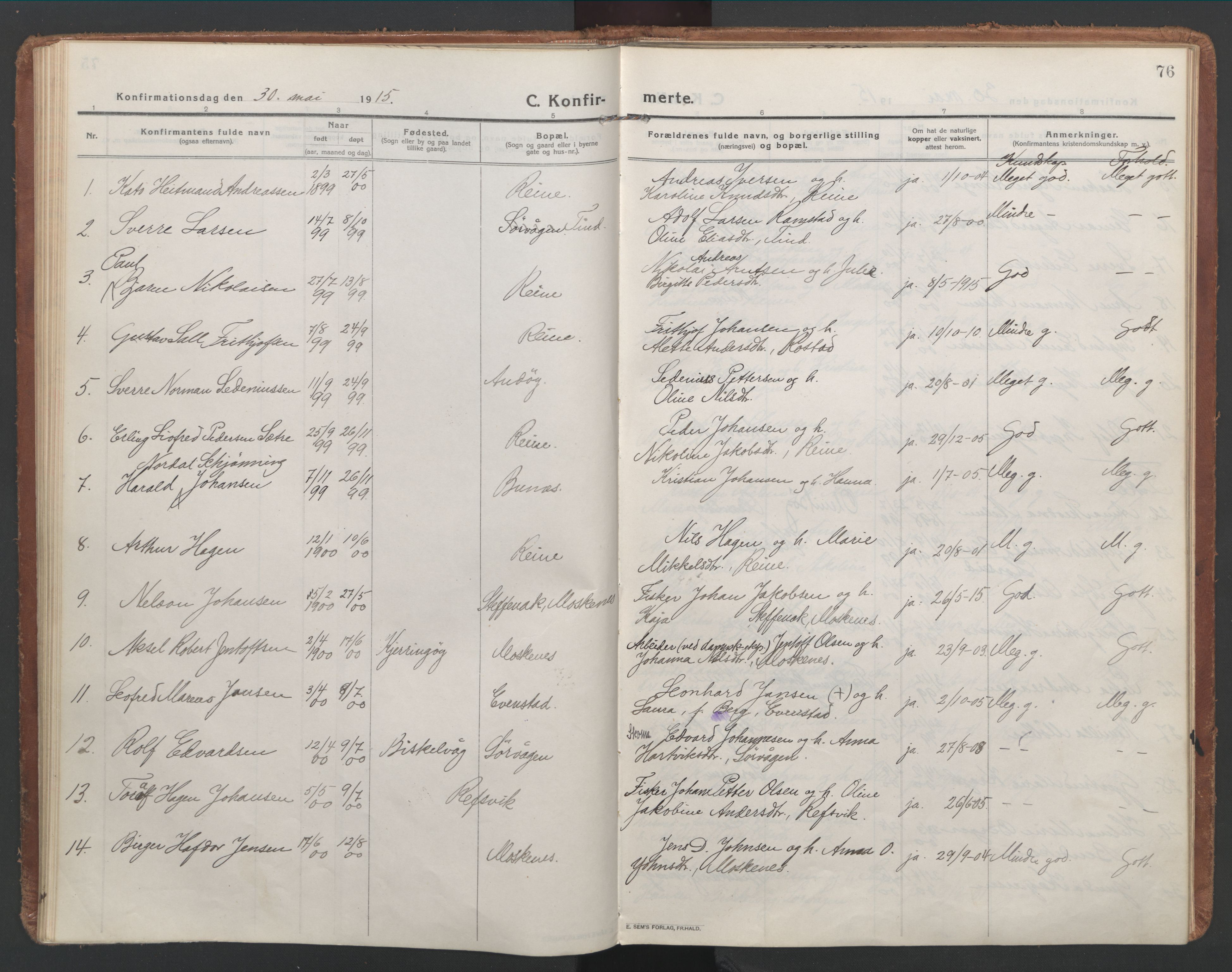 Ministerialprotokoller, klokkerbøker og fødselsregistre - Nordland, SAT/A-1459/886/L1222: Parish register (official) no. 886A04, 1914-1926, p. 76
