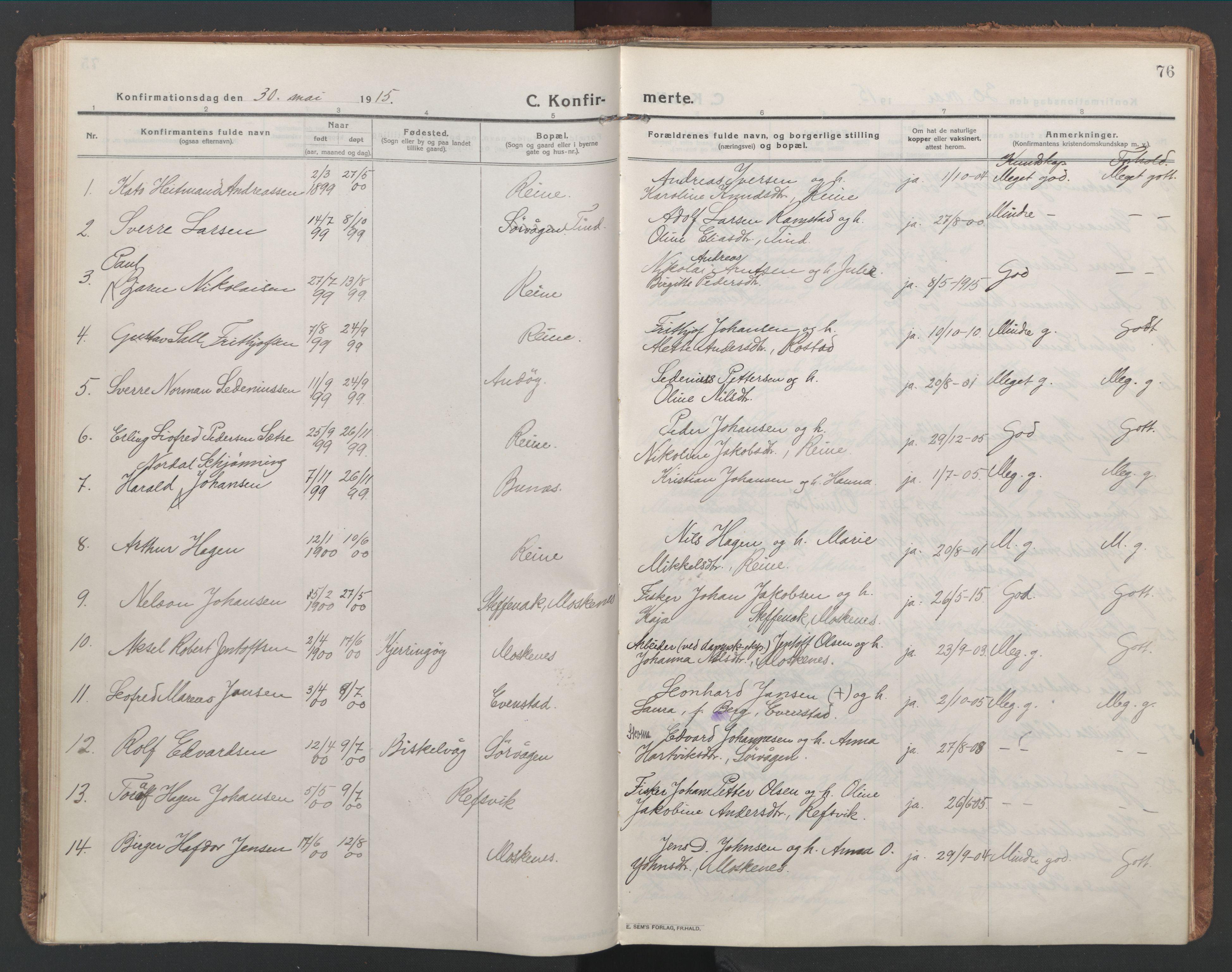 Ministerialprotokoller, klokkerbøker og fødselsregistre - Nordland, AV/SAT-A-1459/886/L1222: Parish register (official) no. 886A04, 1914-1926, p. 76