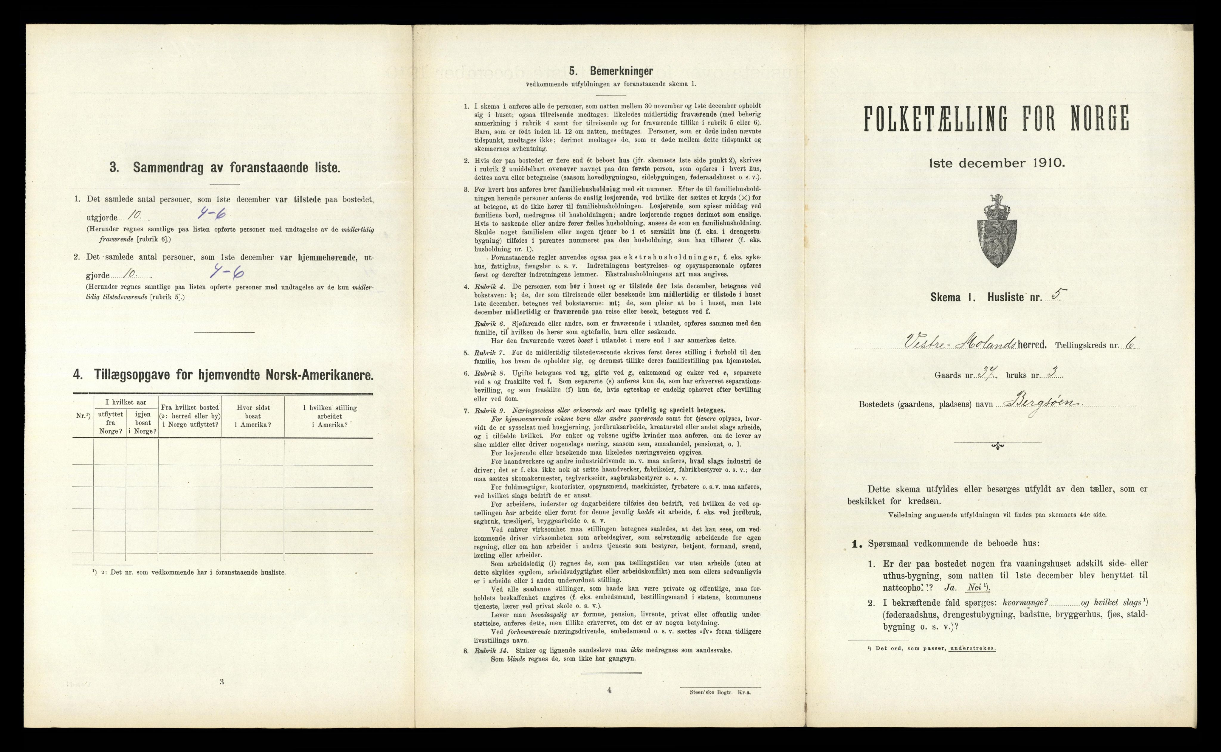 RA, 1910 census for Vestre Moland, 1910, p. 664