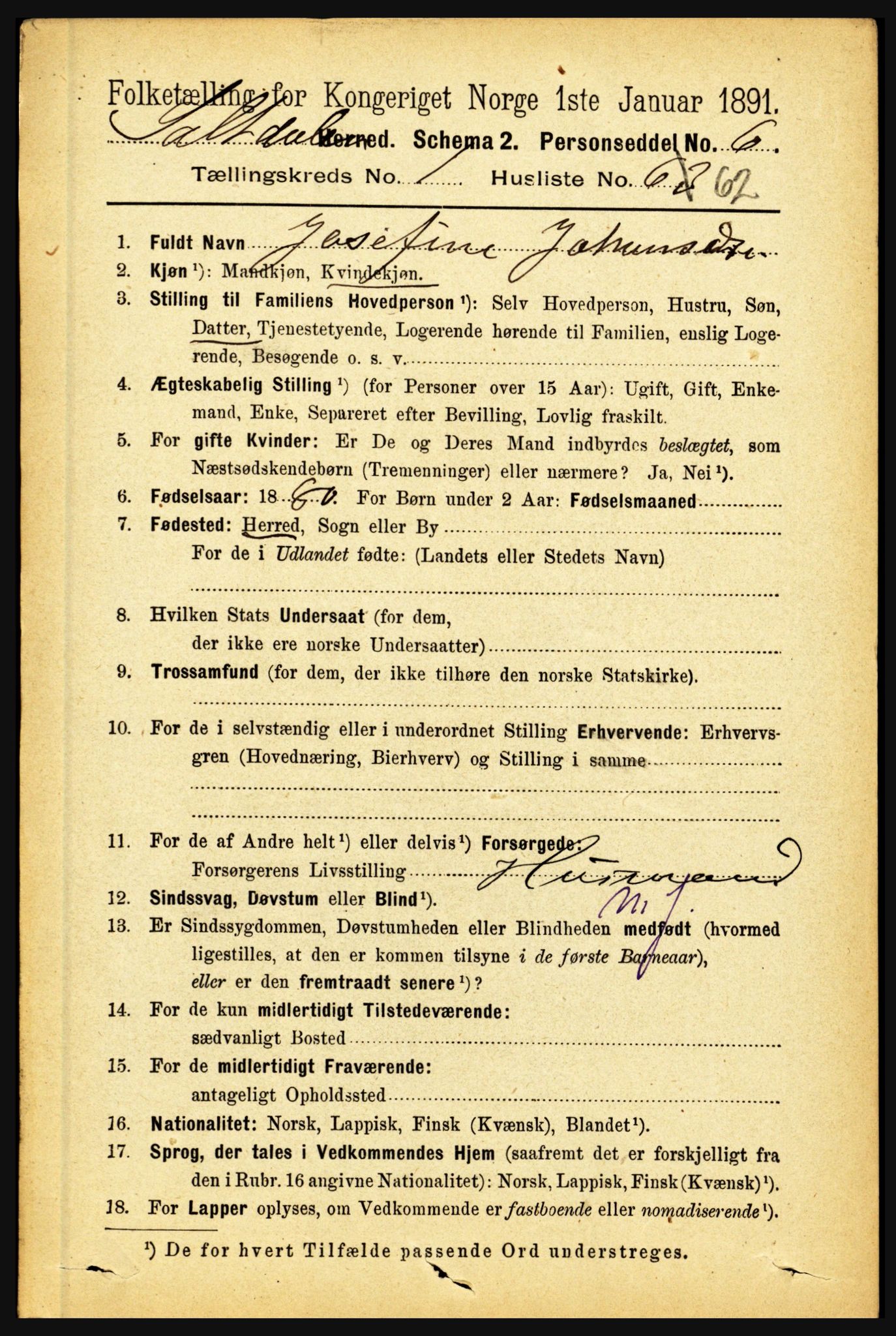 RA, 1891 census for 1840 Saltdal, 1891, p. 539