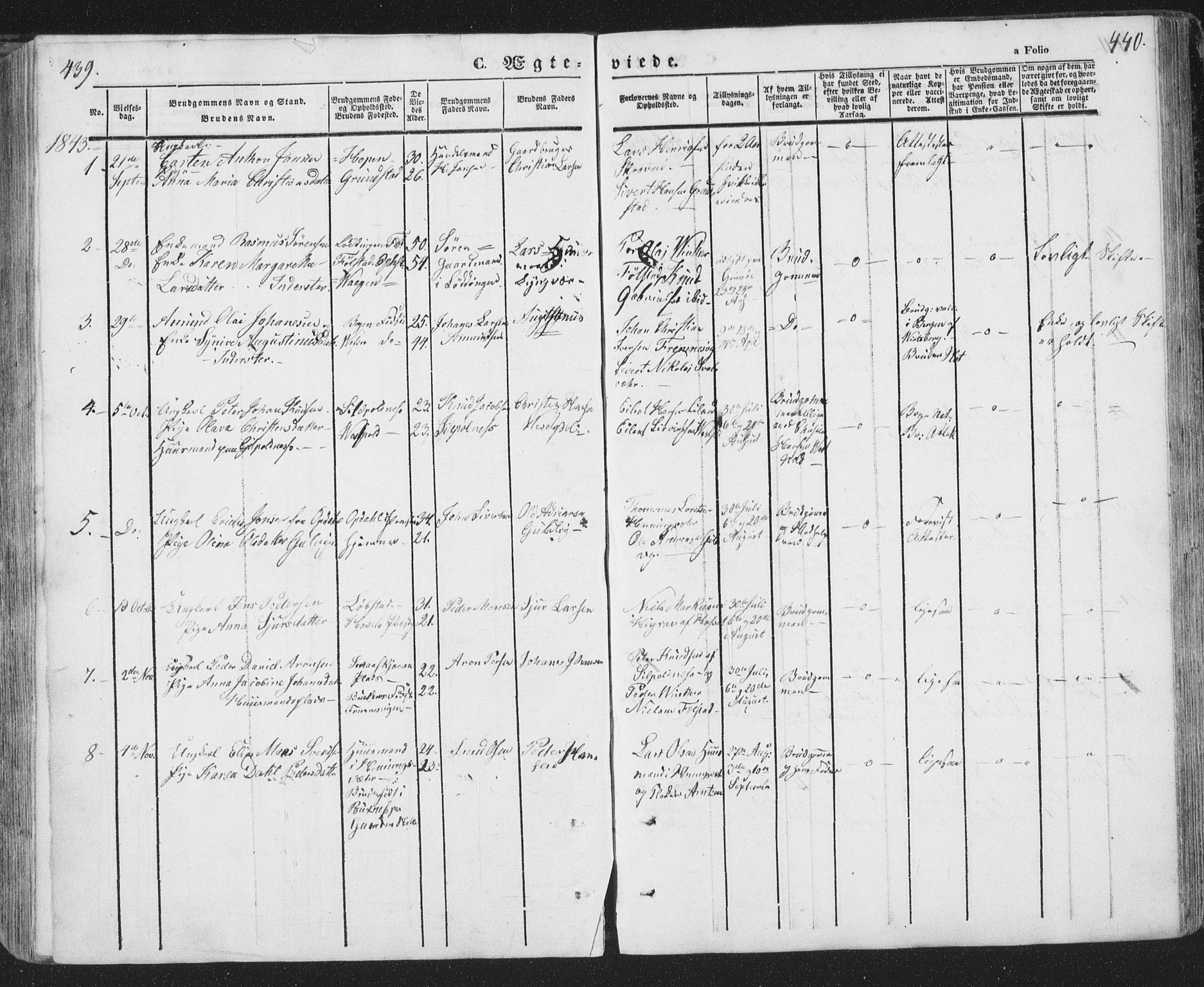 Ministerialprotokoller, klokkerbøker og fødselsregistre - Nordland, SAT/A-1459/874/L1072: Parish register (copy) no. 874C01, 1843-1859, p. 439-440