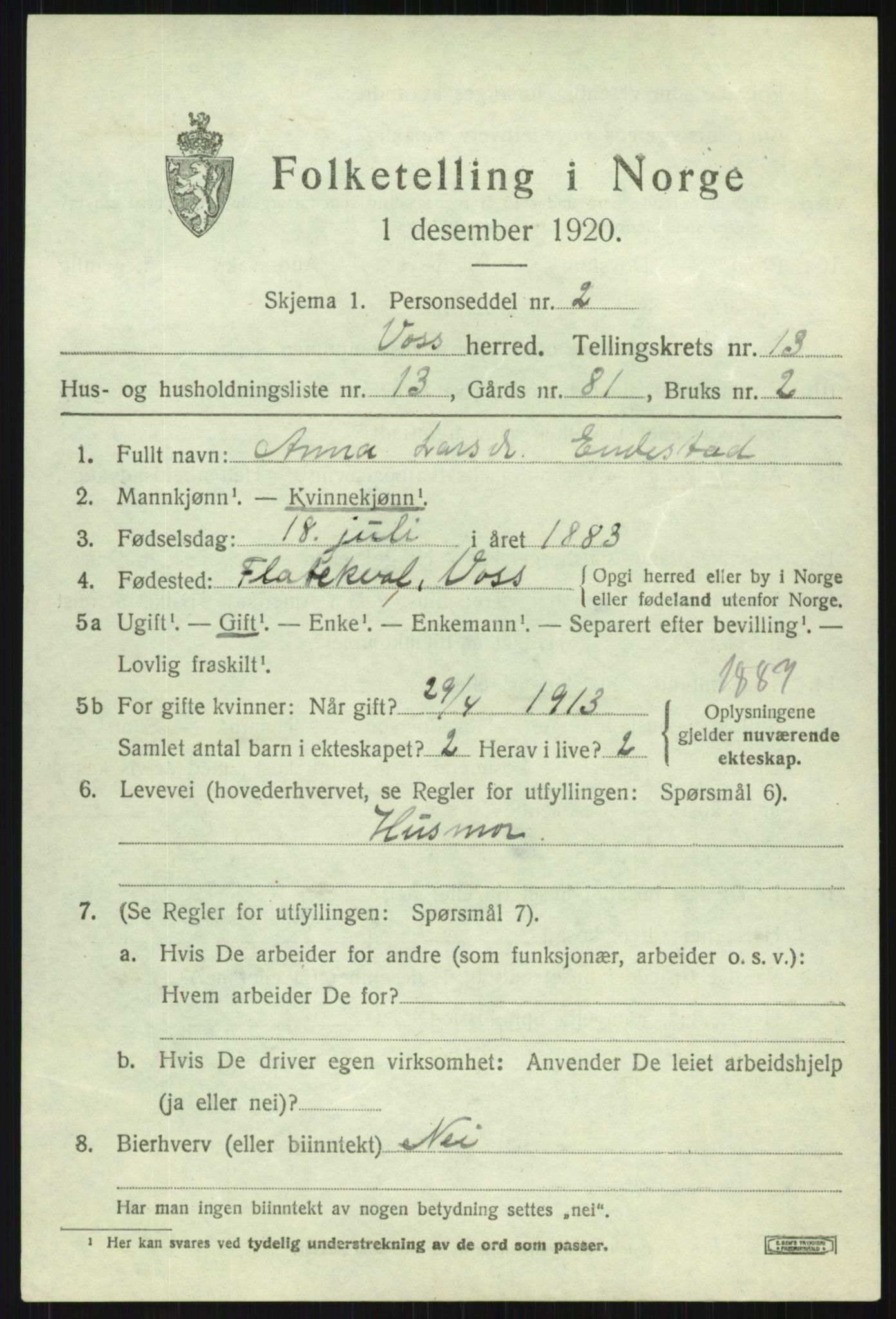 SAB, 1920 census for Voss, 1920, p. 11305