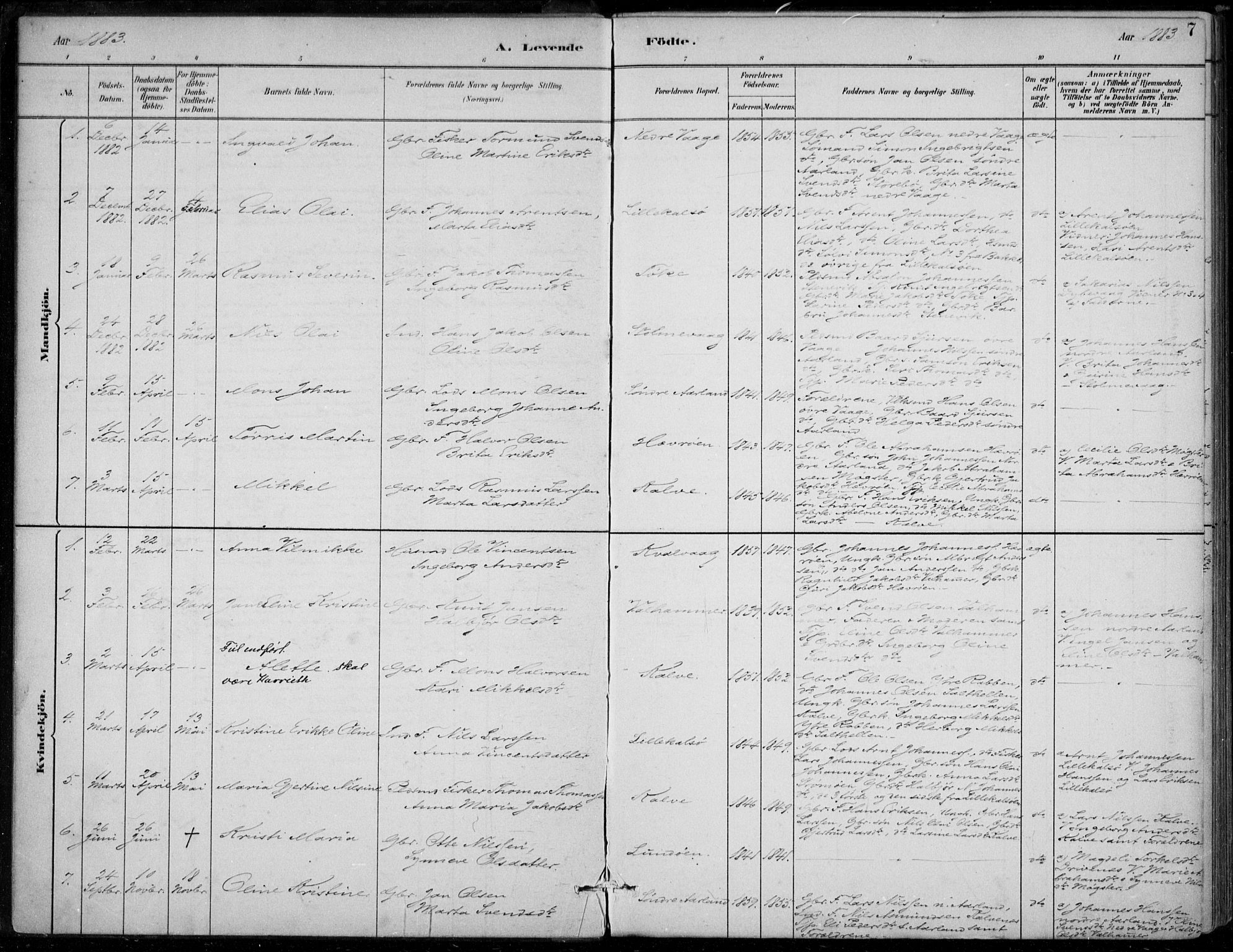 Sund sokneprestembete, AV/SAB-A-99930: Parish register (official) no. D 1, 1882-1899, p. 7