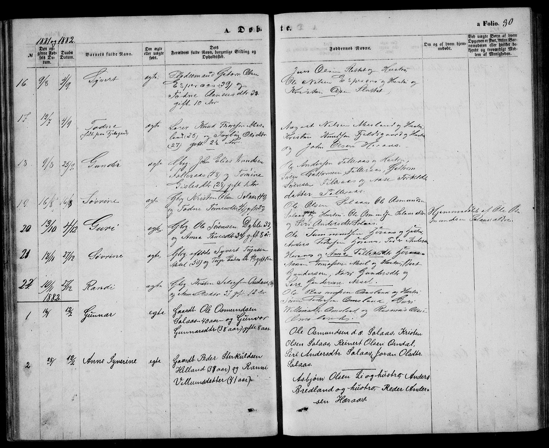 Bjelland sokneprestkontor, AV/SAK-1111-0005/F/Fb/Fbb/L0004: Parish register (copy) no. B 4, 1867-1887, p. 30