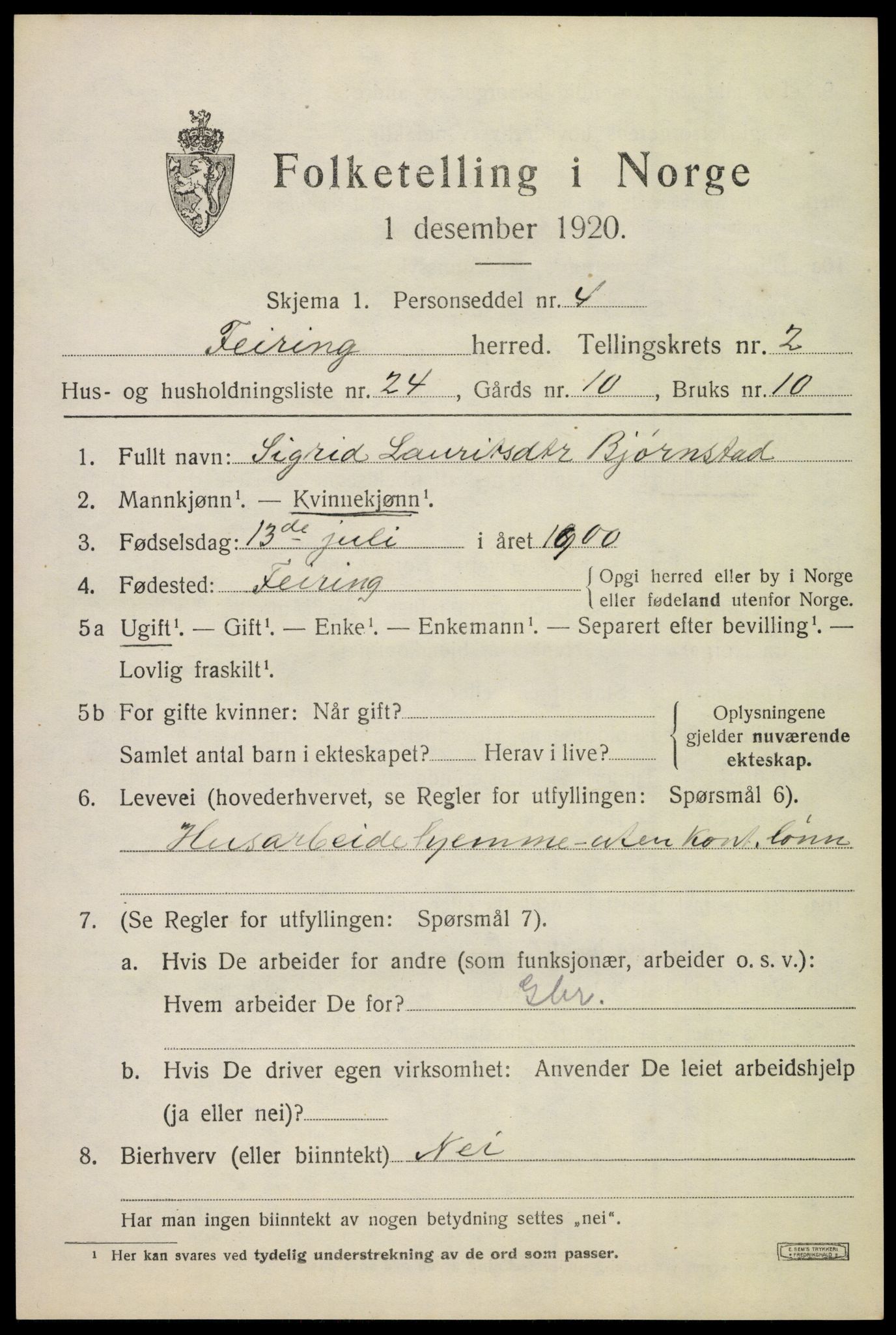 SAO, 1920 census for Feiring, 1920, p. 1048