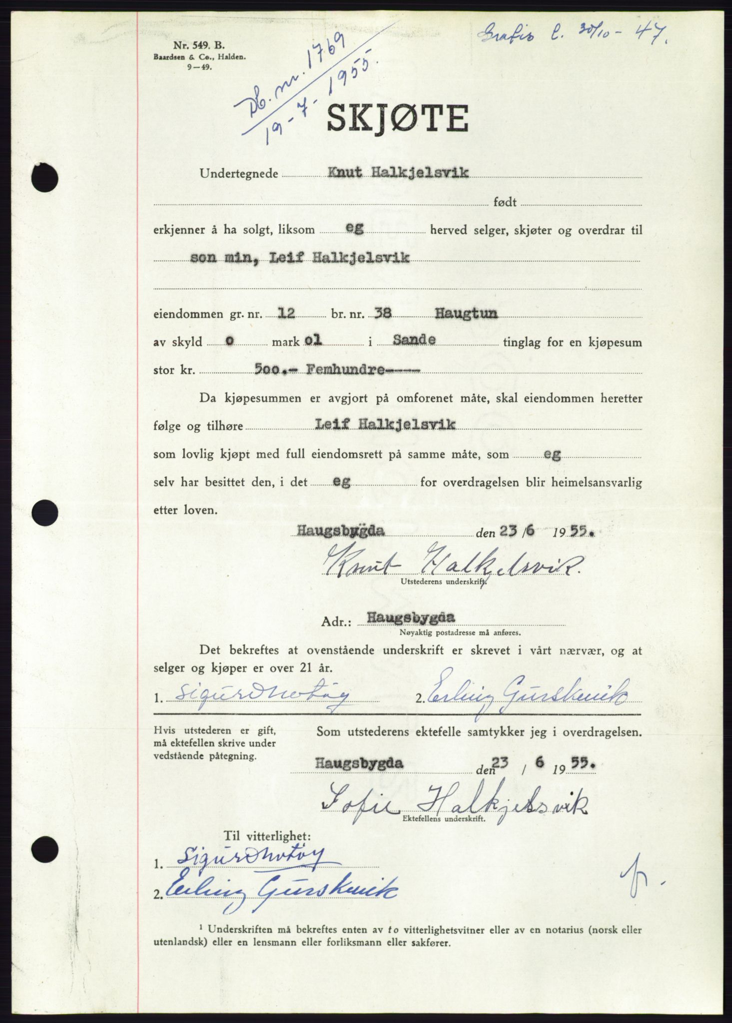 Søre Sunnmøre sorenskriveri, AV/SAT-A-4122/1/2/2C/L0101: Mortgage book no. 27A, 1955-1955, Diary no: : 1769/1955