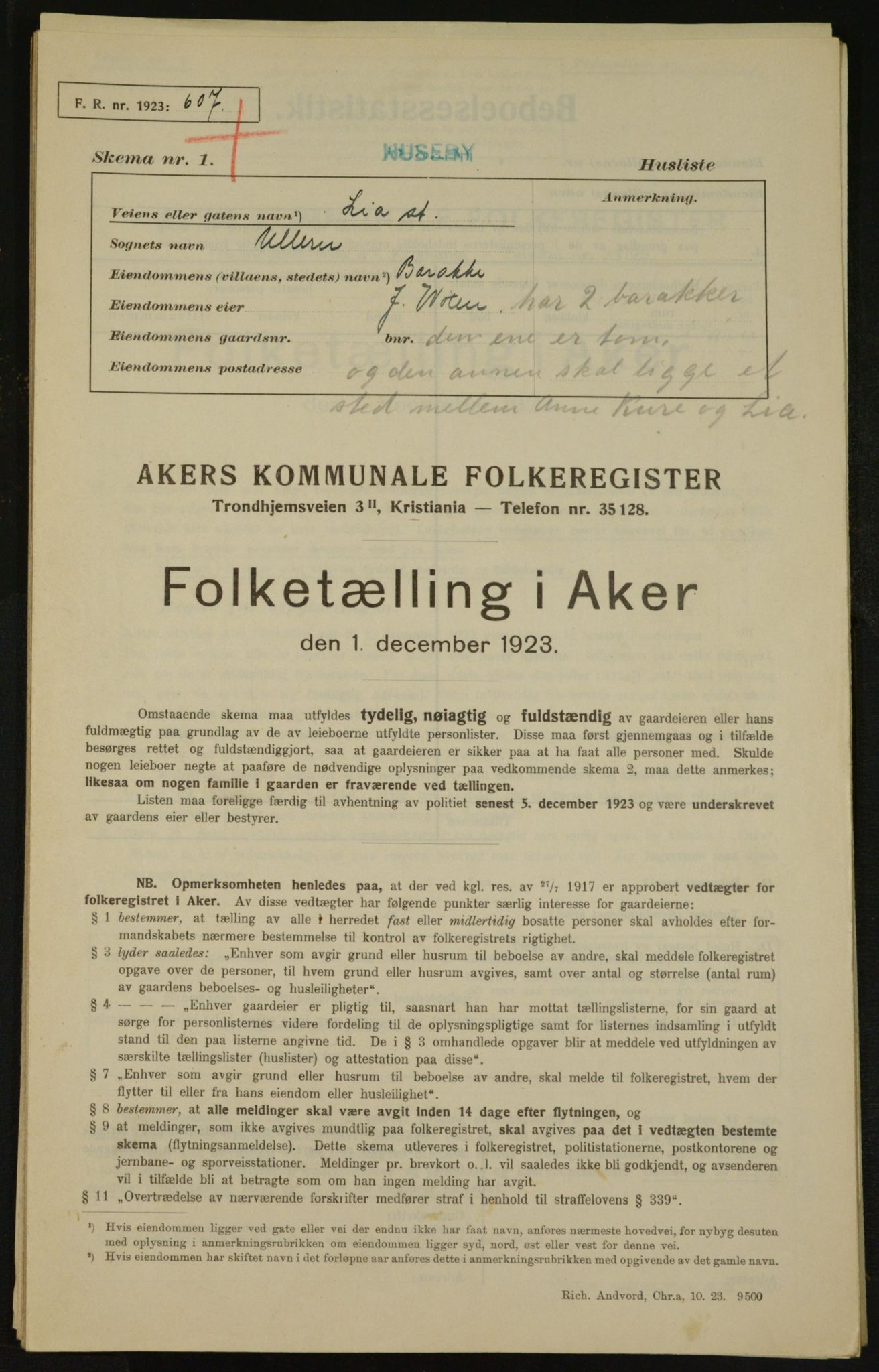 , Municipal Census 1923 for Aker, 1923, p. 3553