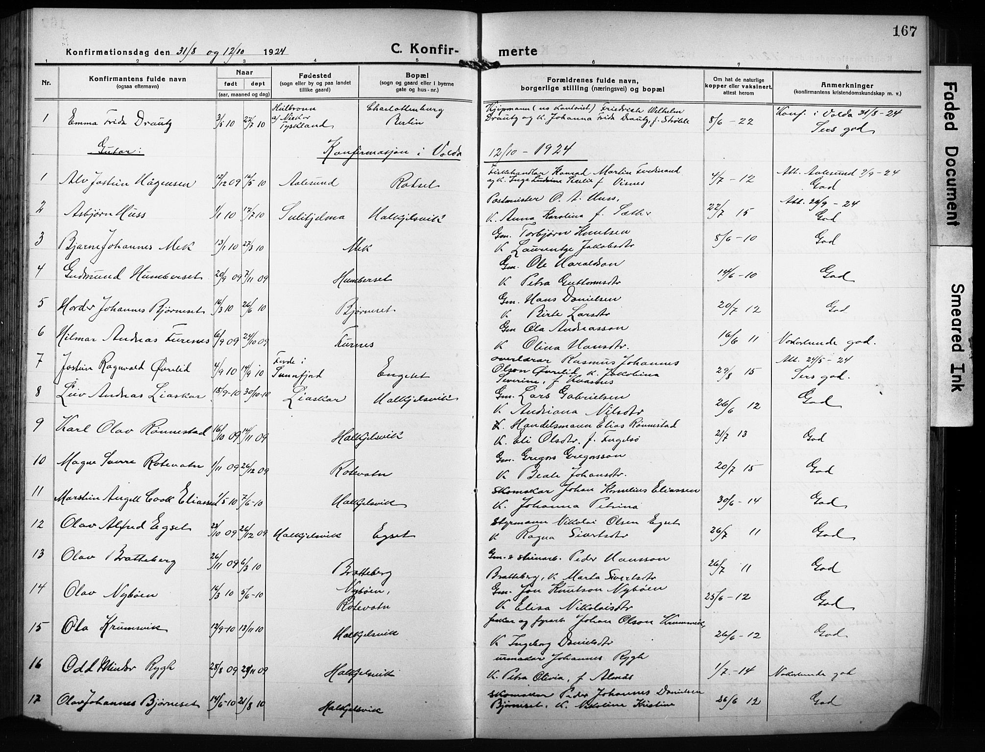 Ministerialprotokoller, klokkerbøker og fødselsregistre - Møre og Romsdal, AV/SAT-A-1454/511/L0160: Parish register (copy) no. 511C06, 1920-1932, p. 167