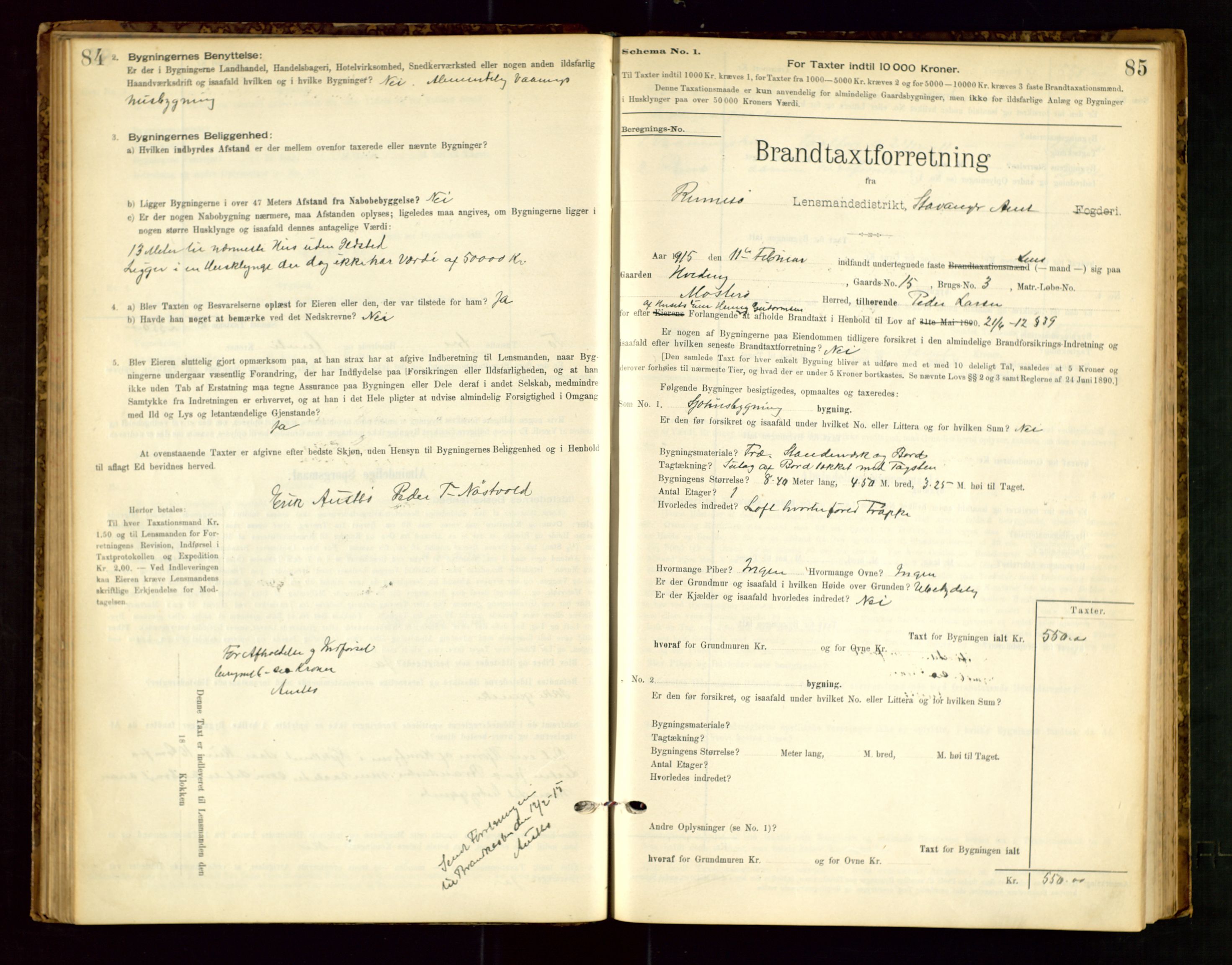 Rennesøy lensmannskontor, SAST/A-100165/Gob/L0001: Branntakstprotokoll - skjematakst, 1900-1956, p. 84-85