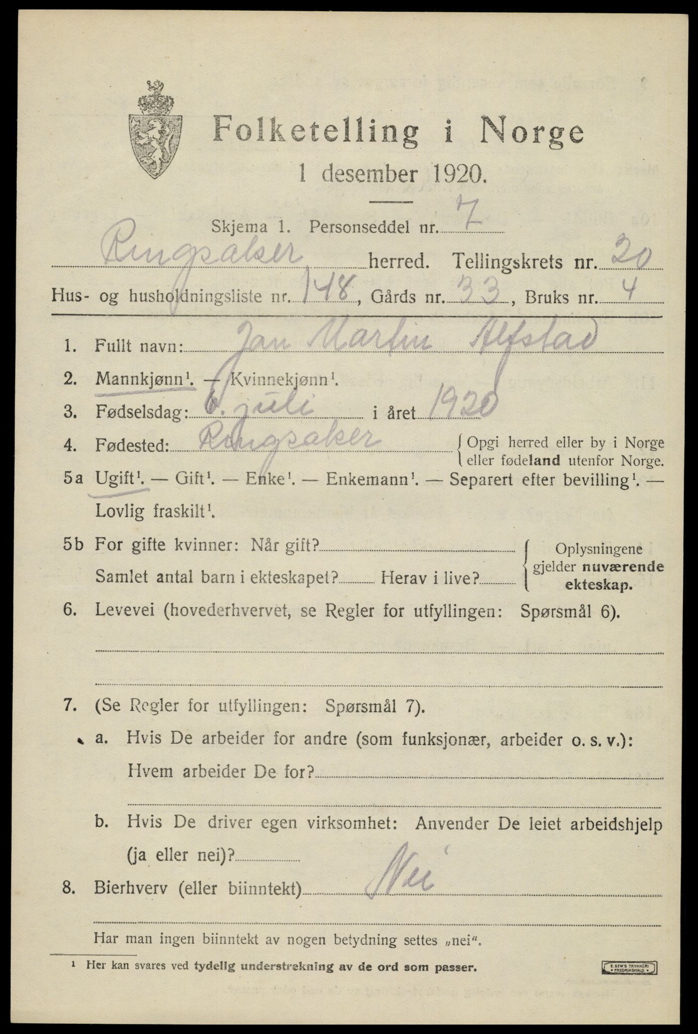 SAH, 1920 census for Ringsaker, 1920, p. 28596