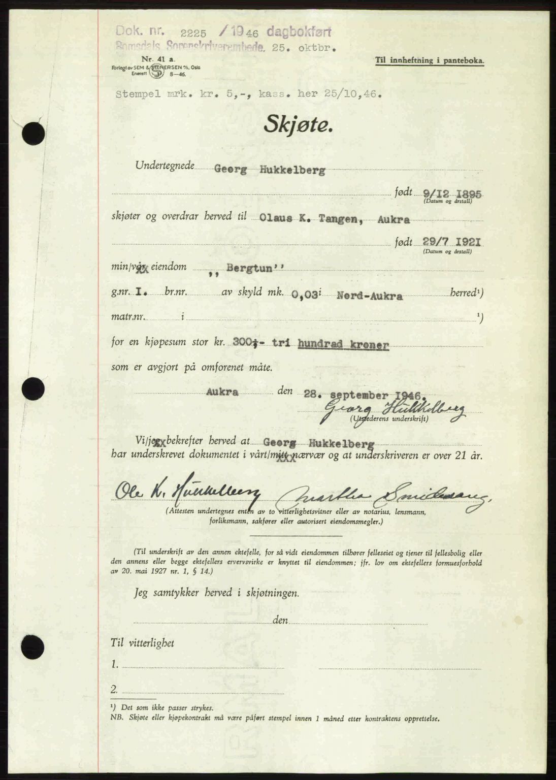 Romsdal sorenskriveri, AV/SAT-A-4149/1/2/2C: Mortgage book no. A21, 1946-1946, Diary no: : 2225/1946