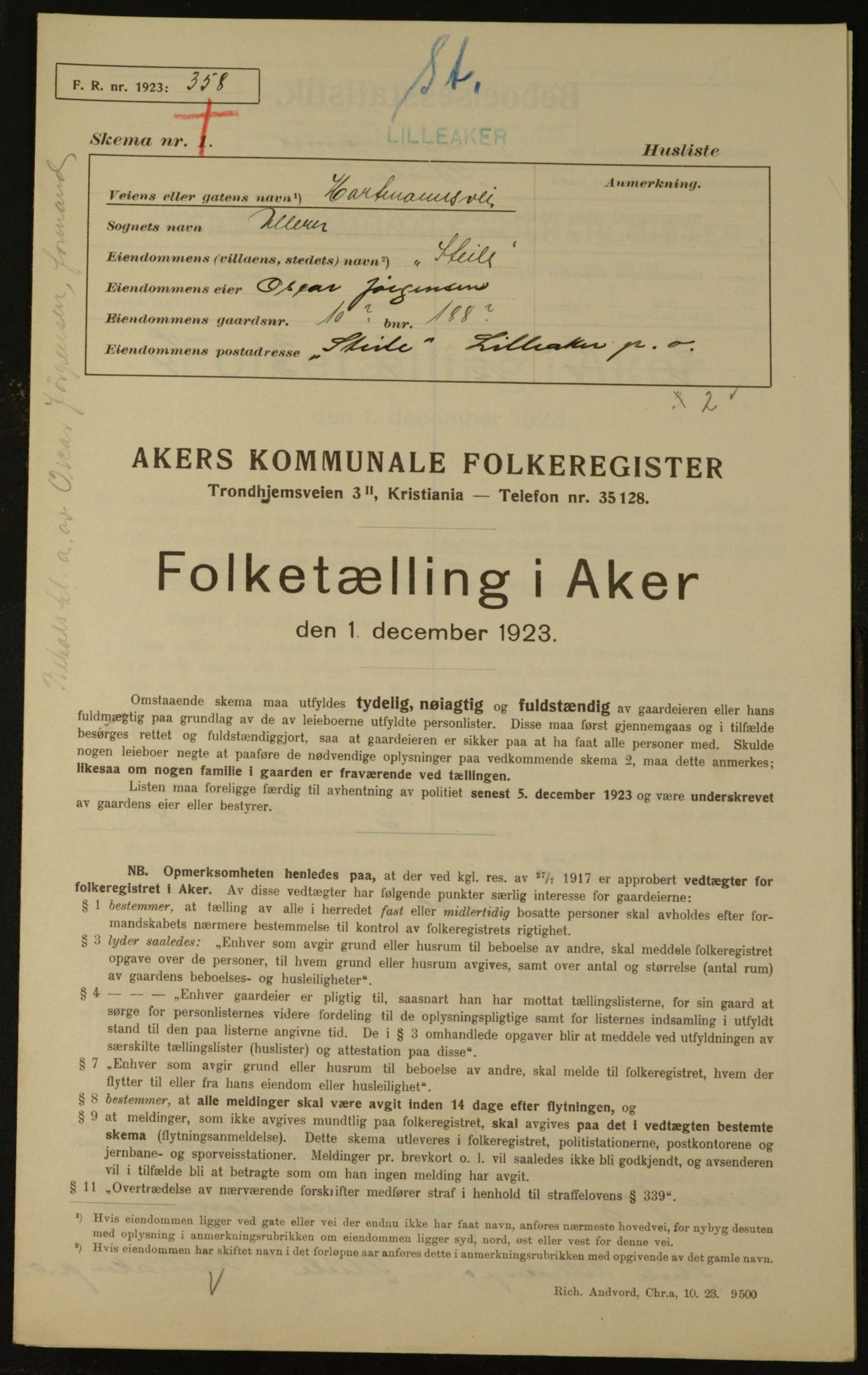 , Municipal Census 1923 for Aker, 1923, p. 2277