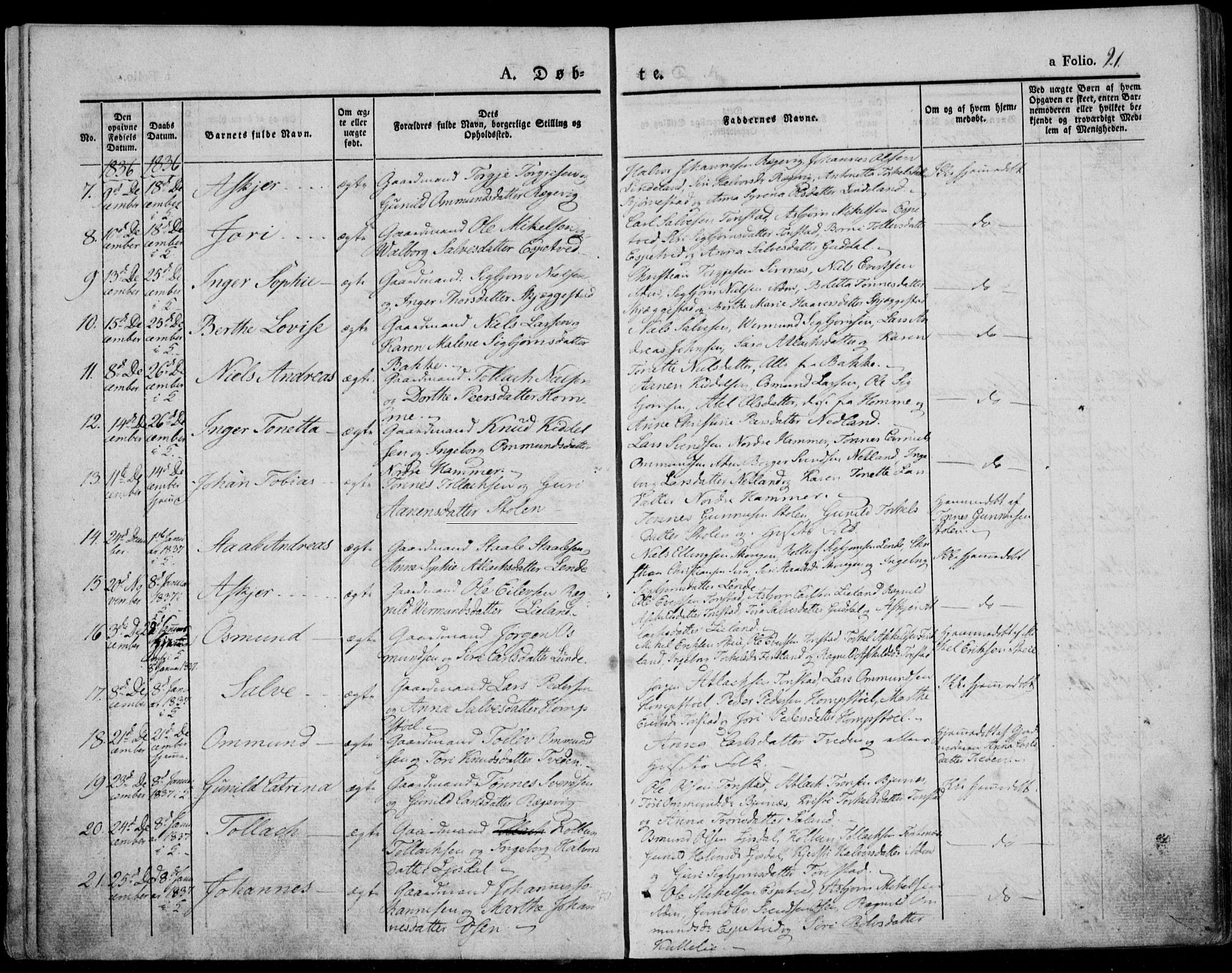 Bakke sokneprestkontor, SAK/1111-0002/F/Fa/Faa/L0004: Parish register (official) no. A 4, 1834-1846, p. 21