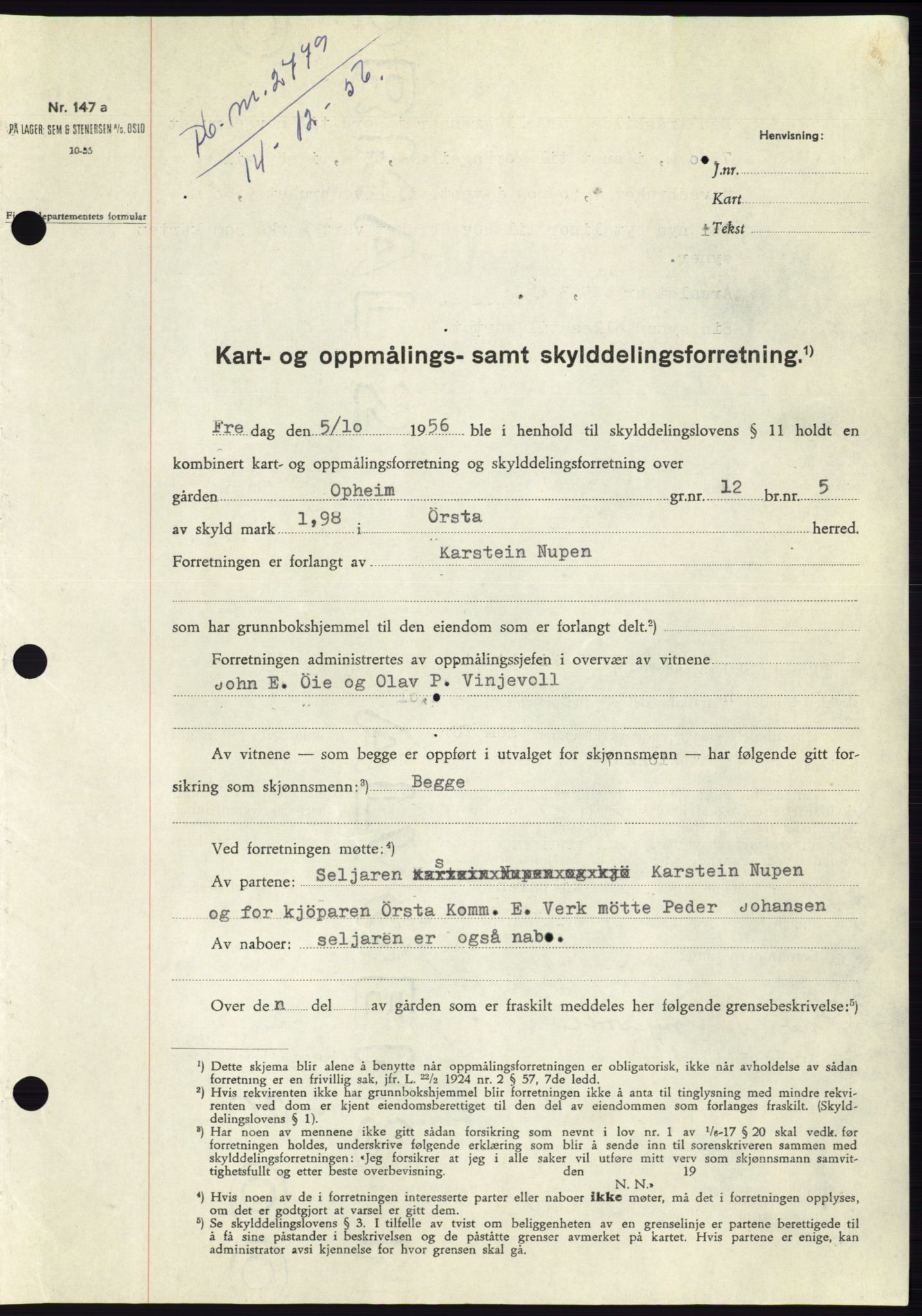 Søre Sunnmøre sorenskriveri, AV/SAT-A-4122/1/2/2C/L0105: Mortgage book no. 31A, 1956-1957, Diary no: : 2779/1956