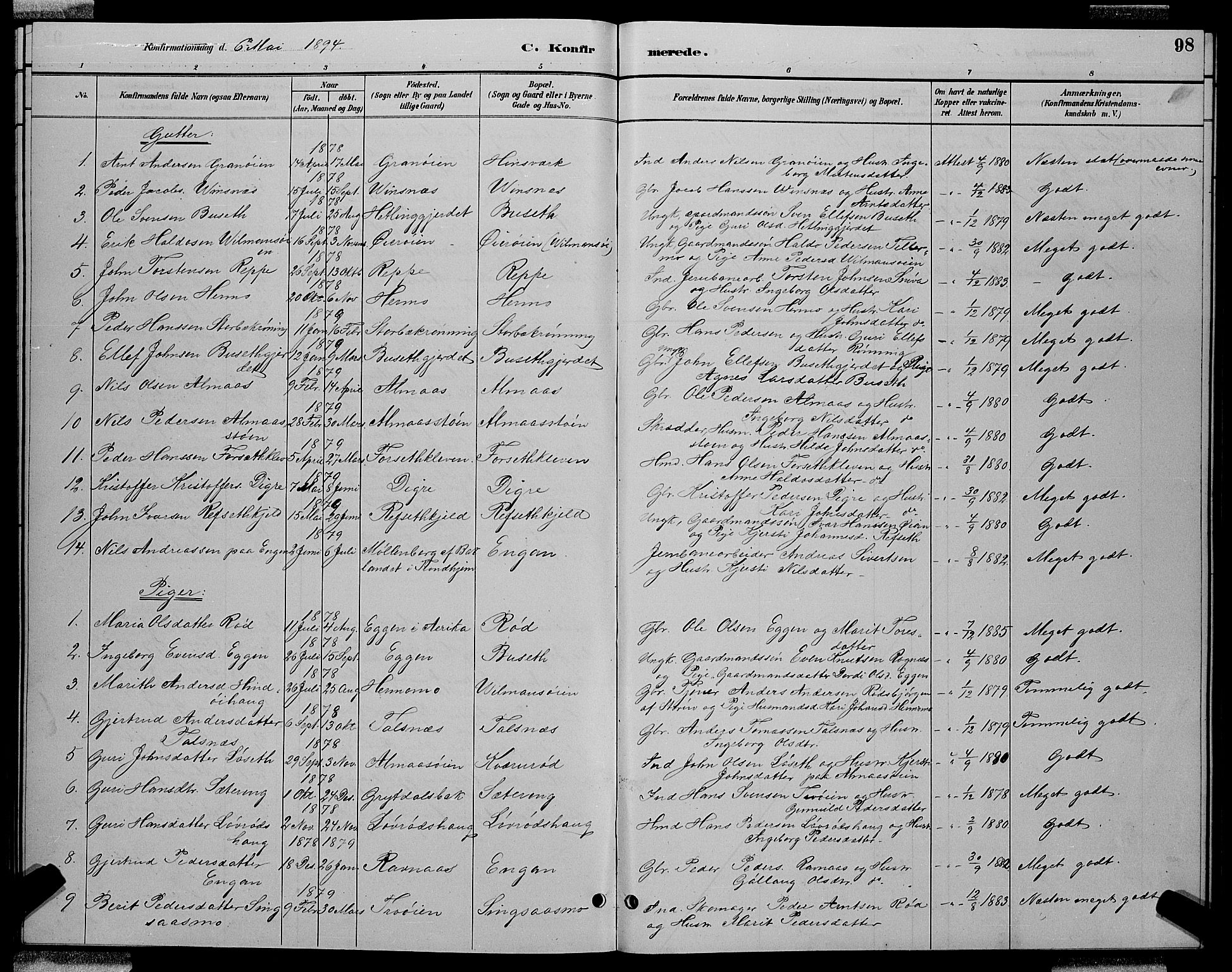 Ministerialprotokoller, klokkerbøker og fødselsregistre - Sør-Trøndelag, AV/SAT-A-1456/688/L1028: Parish register (copy) no. 688C03, 1889-1899, p. 98