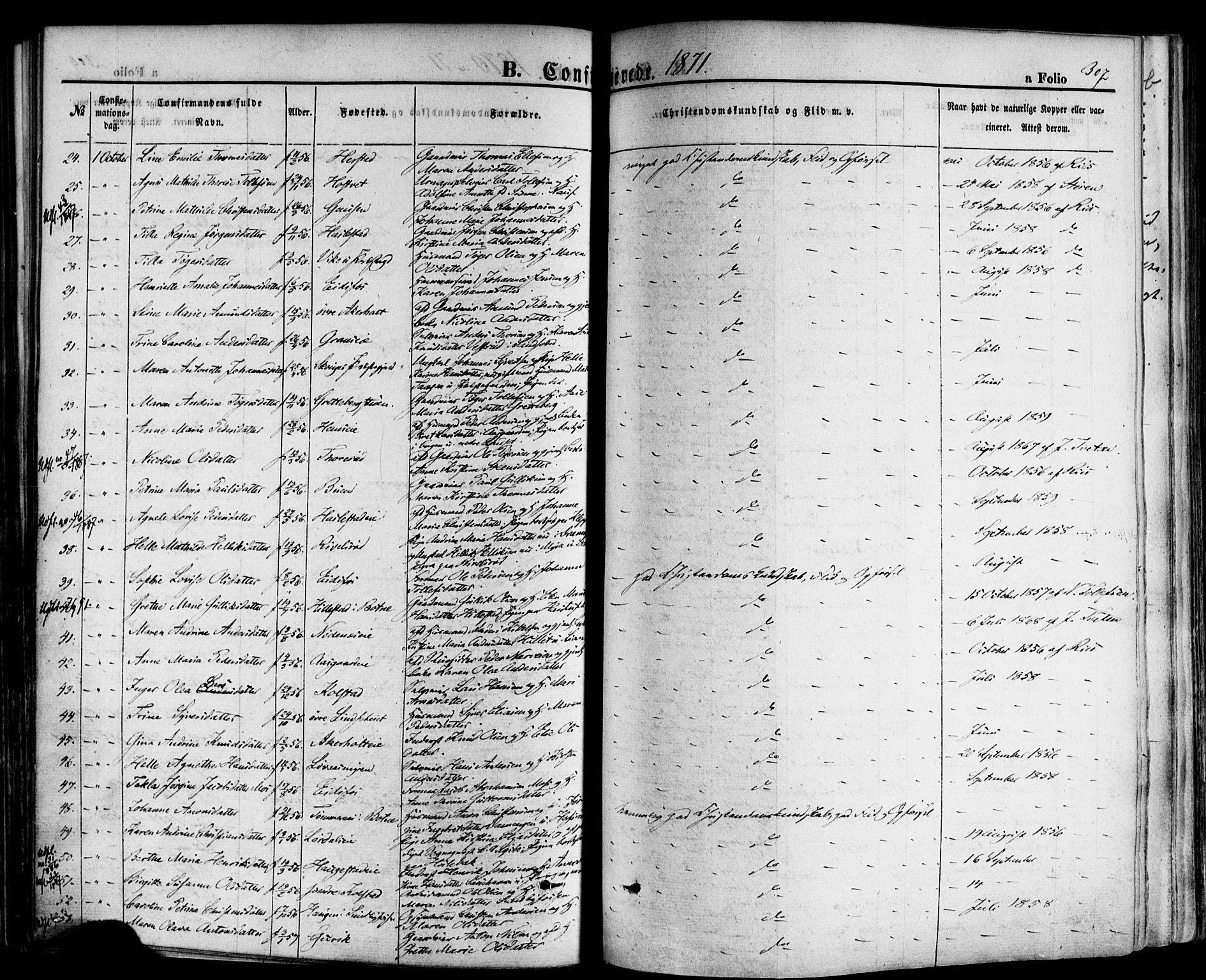 Hof kirkebøker, AV/SAKO-A-64/F/Fa/L0006: Parish register (official) no. I 6, 1851-1877, p. 307