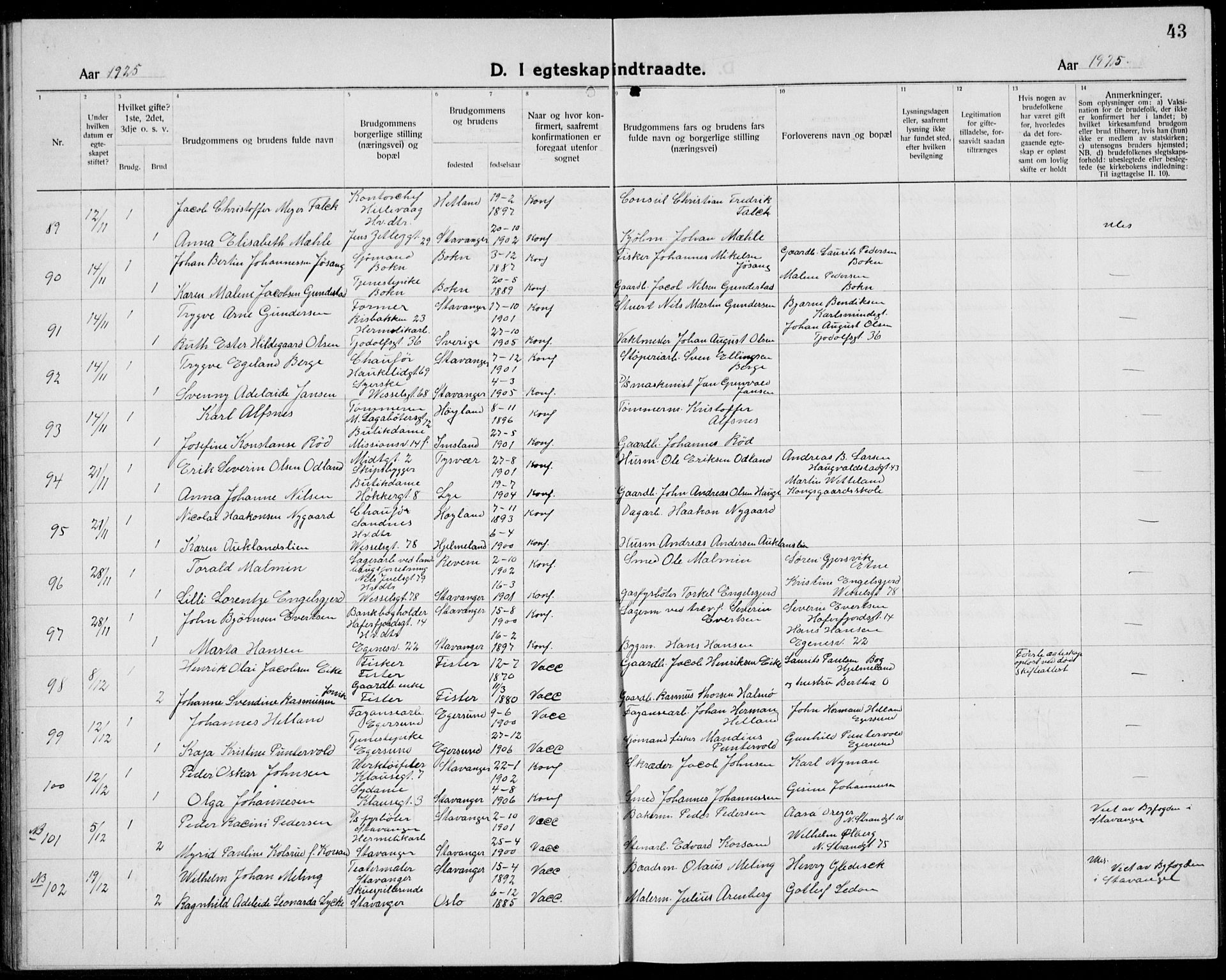 Domkirken sokneprestkontor, AV/SAST-A-101812/001/30/30BB/L0020: Parish register (copy) no. B 20, 1921-1937, p. 43