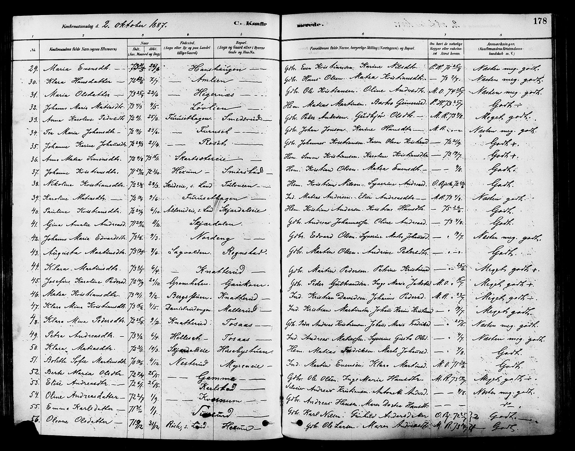 Vestre Toten prestekontor, AV/SAH-PREST-108/H/Ha/Haa/L0009: Parish register (official) no. 9, 1878-1894, p. 178