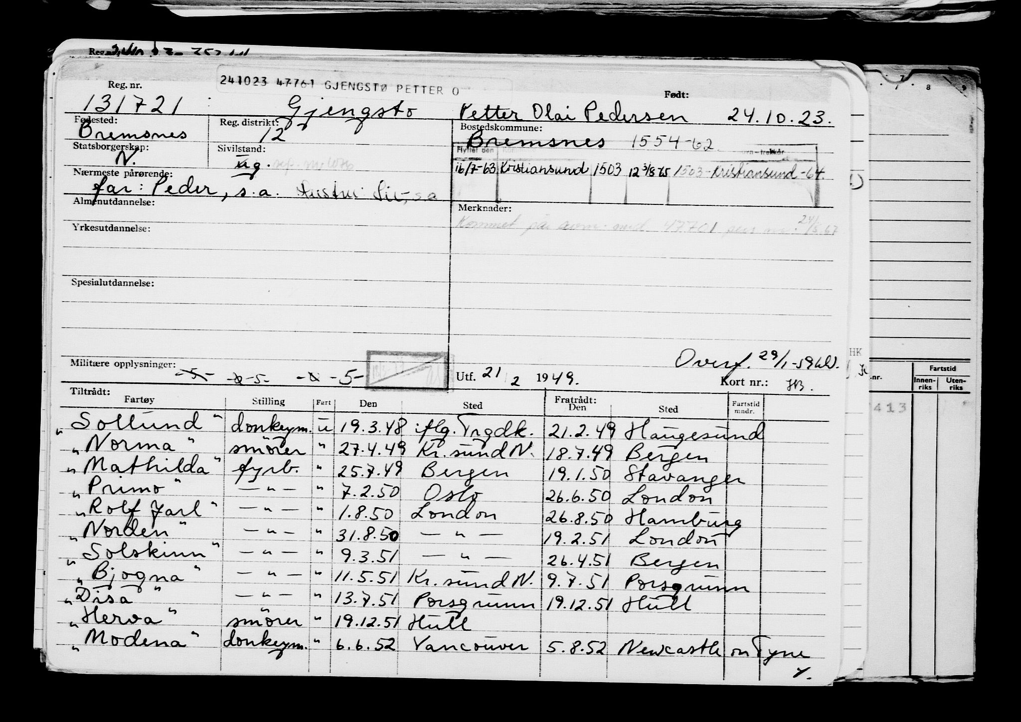 Direktoratet for sjømenn, RA/S-3545/G/Gb/L0224: Hovedkort, 1923, p. 237