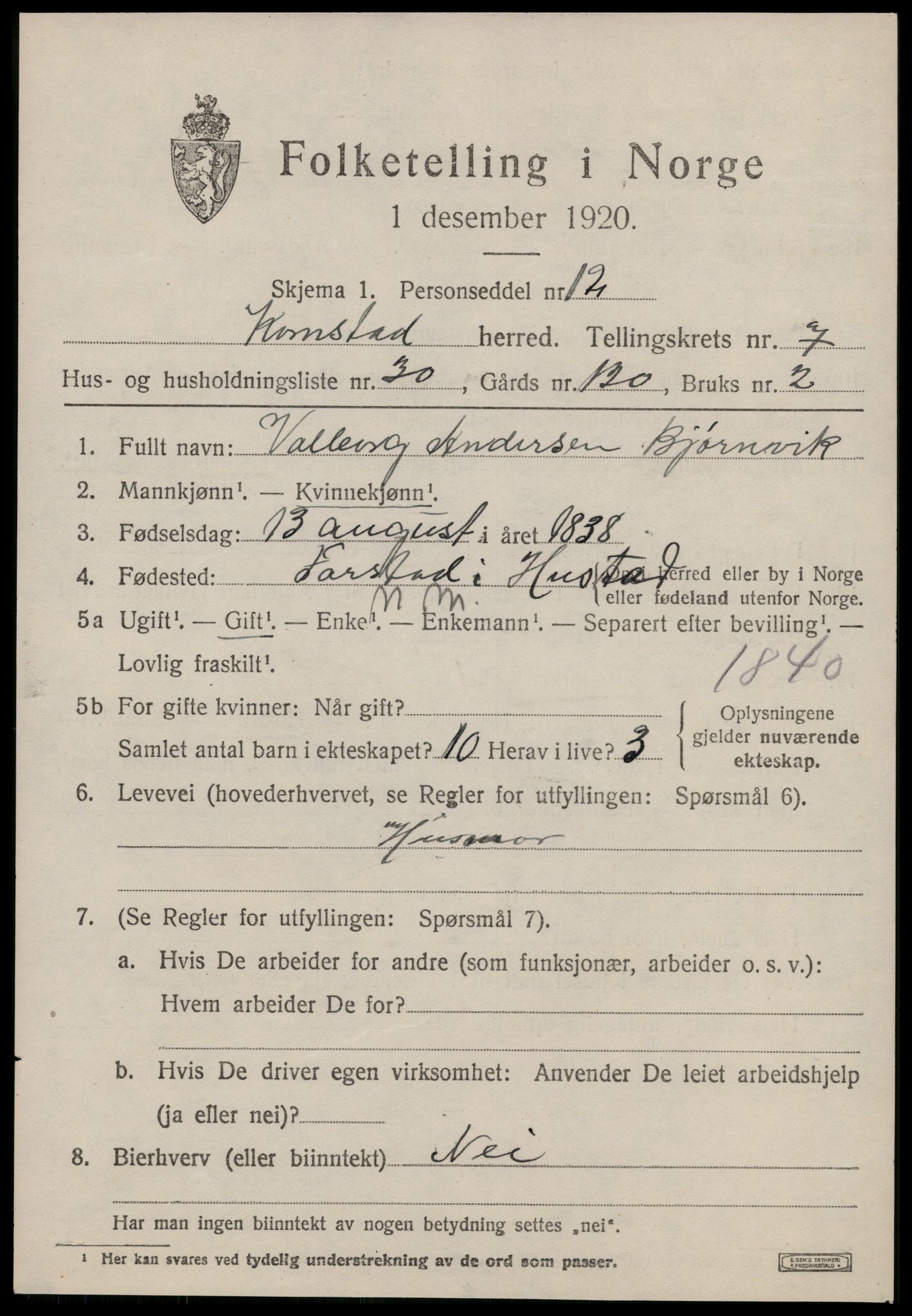 SAT, 1920 census for Kornstad, 1920, p. 4213