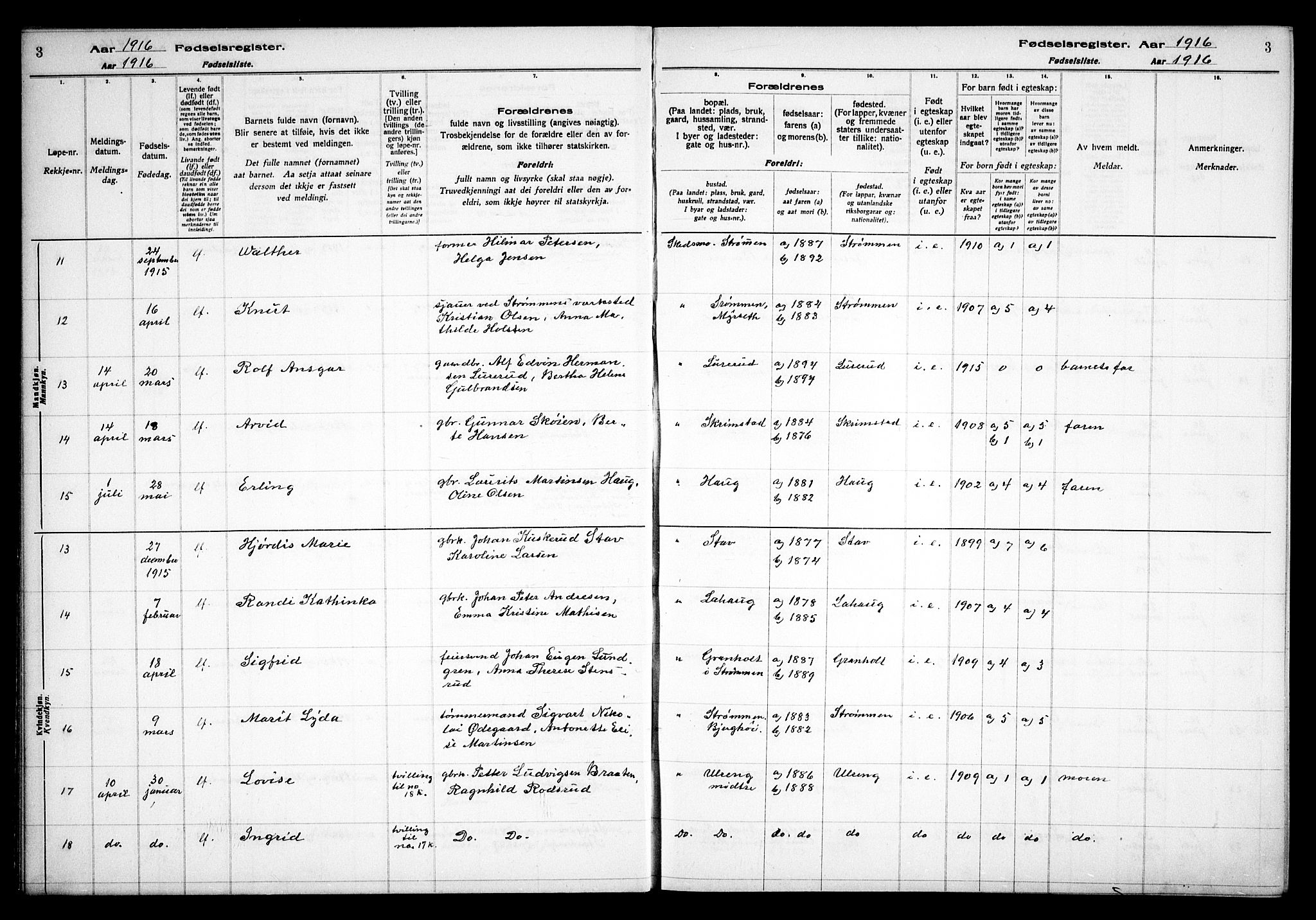 Skedsmo prestekontor Kirkebøker, AV/SAO-A-10033a/J/Ja/L0001: Birth register no. I 1, 1916-1931, p. 3