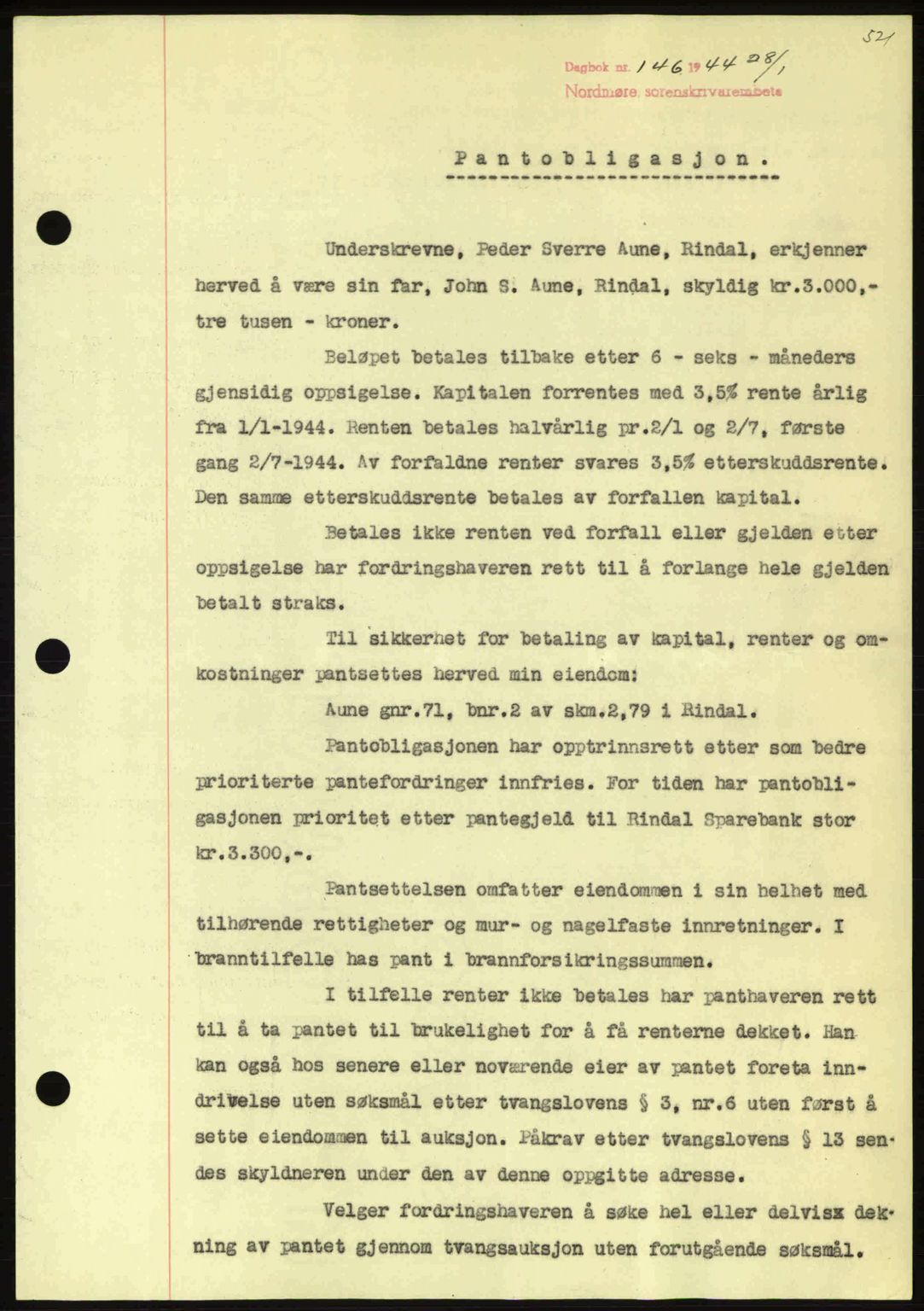 Nordmøre sorenskriveri, AV/SAT-A-4132/1/2/2Ca: Mortgage book no. B91, 1943-1944, Diary no: : 146/1944