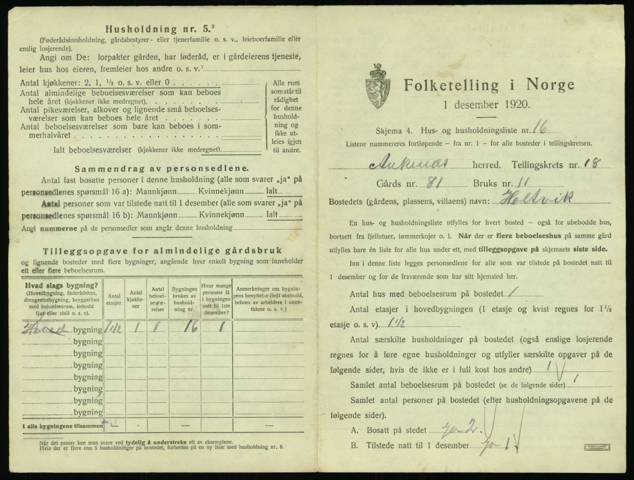 SAT, 1920 census for Ankenes, 1920, p. 1205