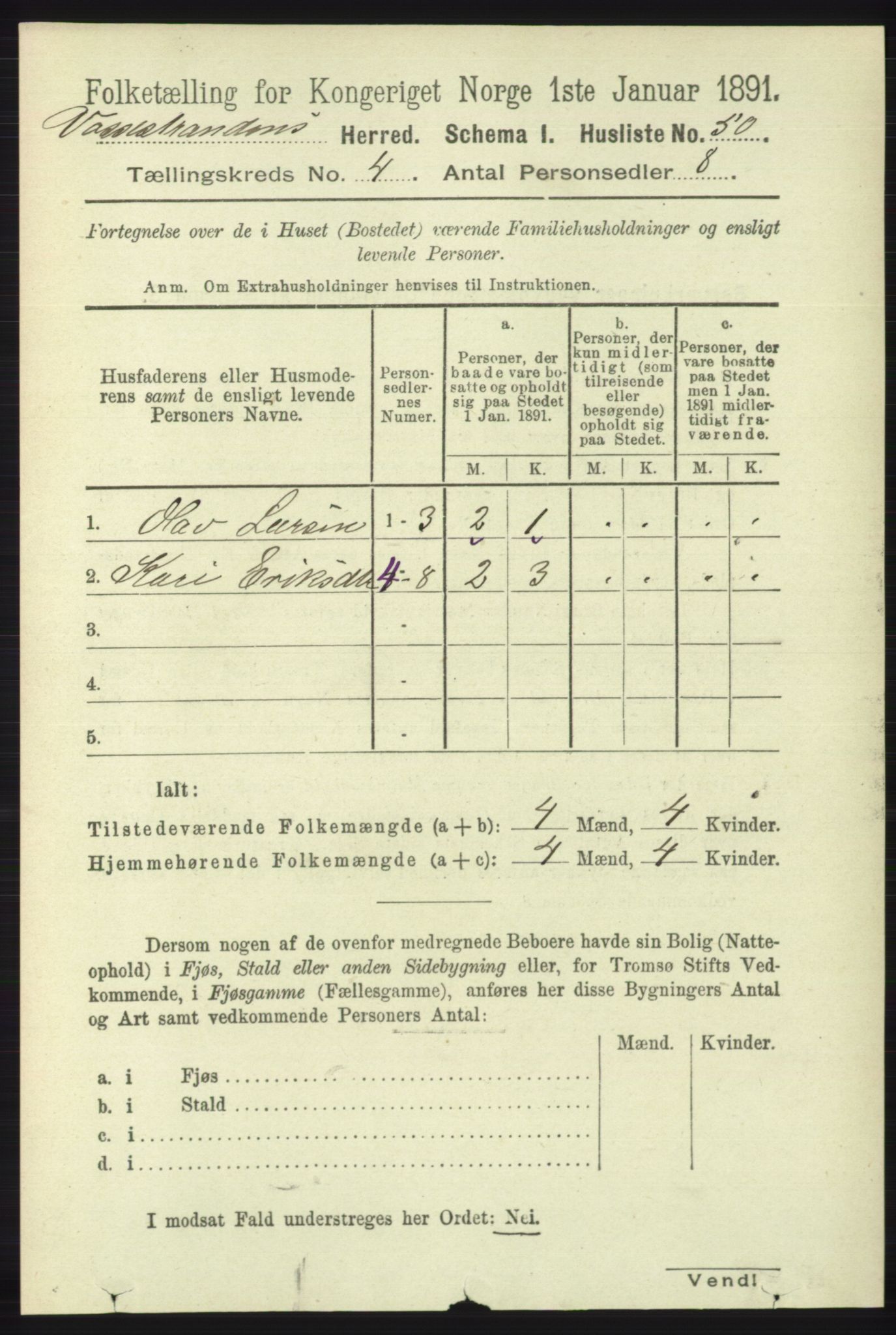 RA, 1891 census for 1236 Vossestrand, 1891, p. 1516