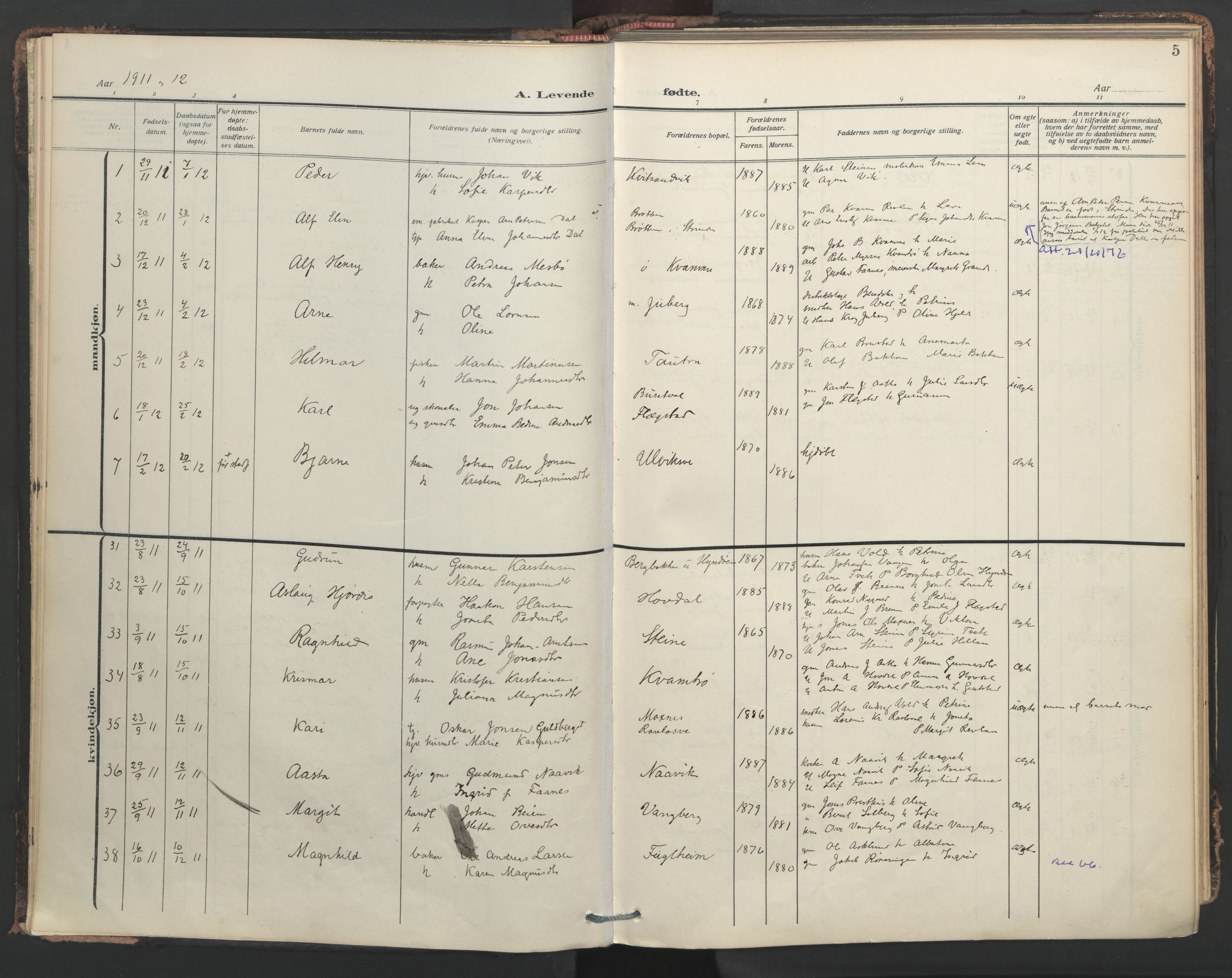 Ministerialprotokoller, klokkerbøker og fødselsregistre - Nord-Trøndelag, SAT/A-1458/713/L0123: Parish register (official) no. 713A12, 1911-1925, p. 5