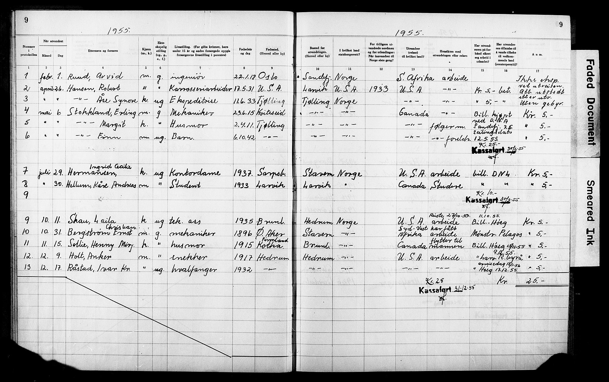 Larvik politikammer, AV/SAKO-A-738/I/Ia/Iaa/L0005: Reisekontroll. Emigrantprotokoll, 1948-1970, p. 9