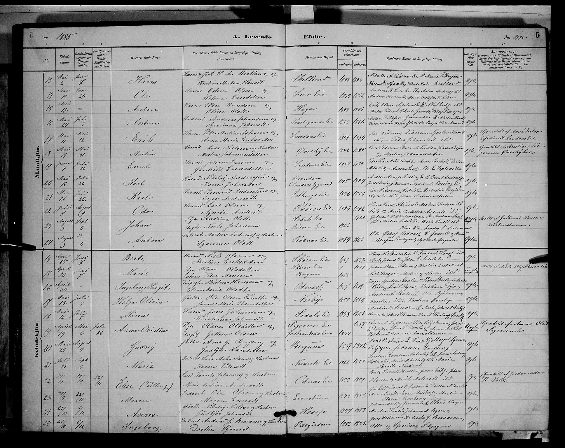 Søndre Land prestekontor, SAH/PREST-122/L/L0003: Parish register (copy) no. 3, 1884-1902, p. 5