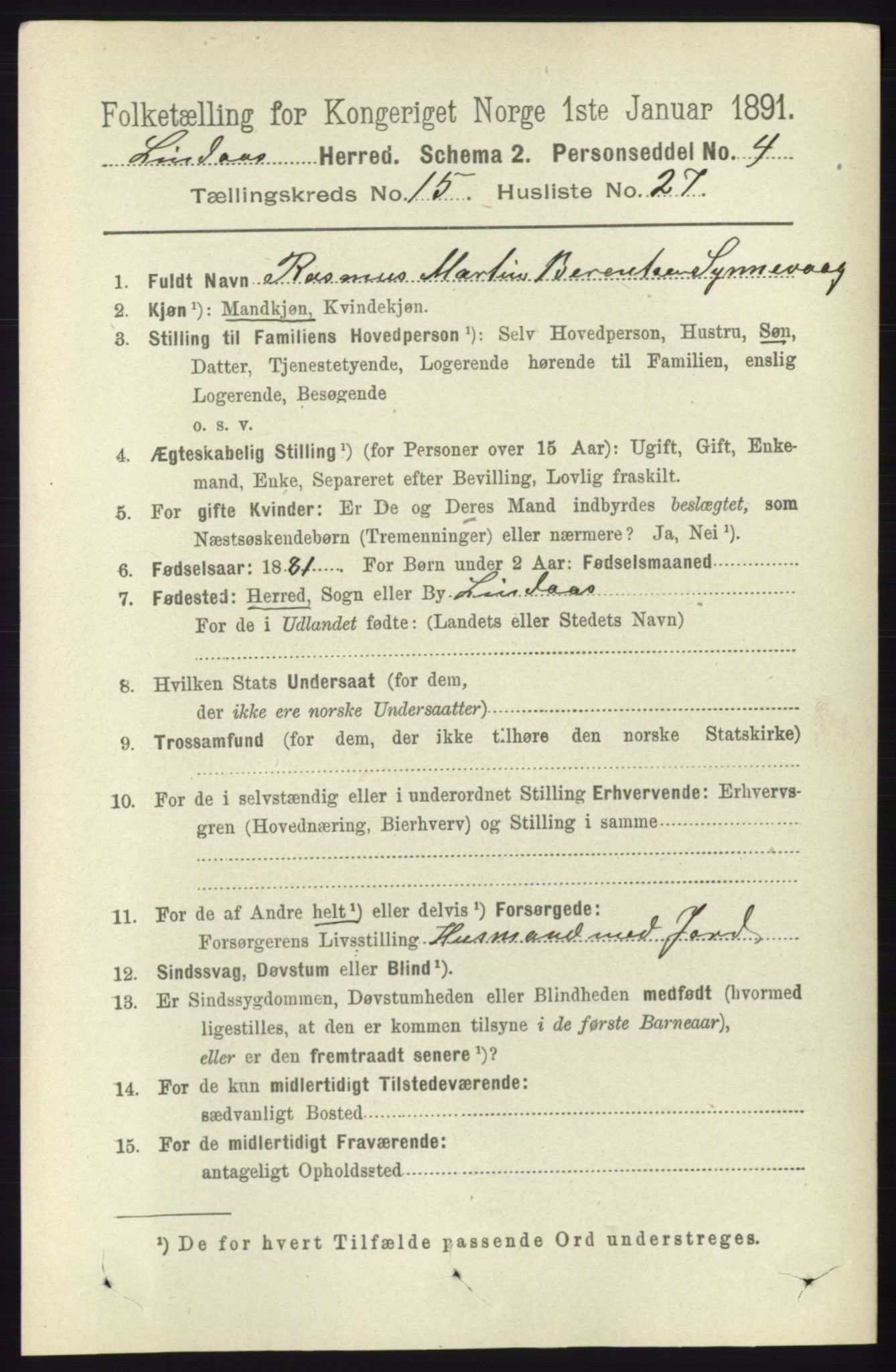 RA, 1891 census for 1263 Lindås, 1891, p. 5435