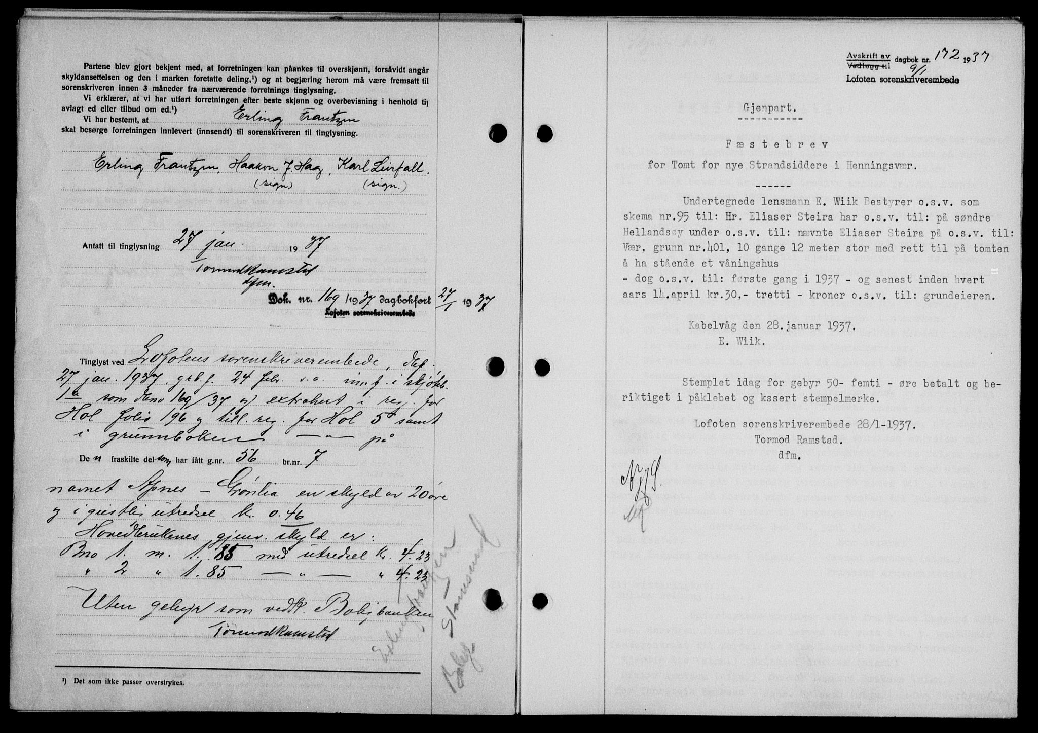 Lofoten sorenskriveri, SAT/A-0017/1/2/2C/L0001a: Mortgage book no. 1a, 1936-1937, Diary no: : 172/1937