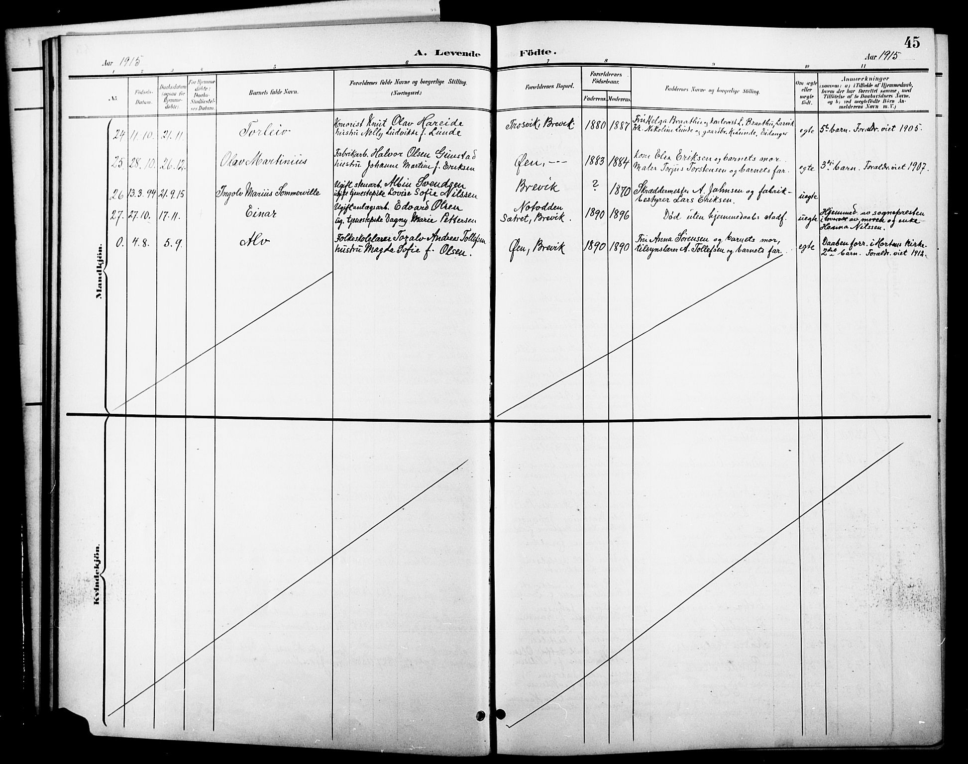 Brevik kirkebøker, AV/SAKO-A-255/G/Ga/L0005: Parish register (copy) no. 5, 1901-1924, p. 45