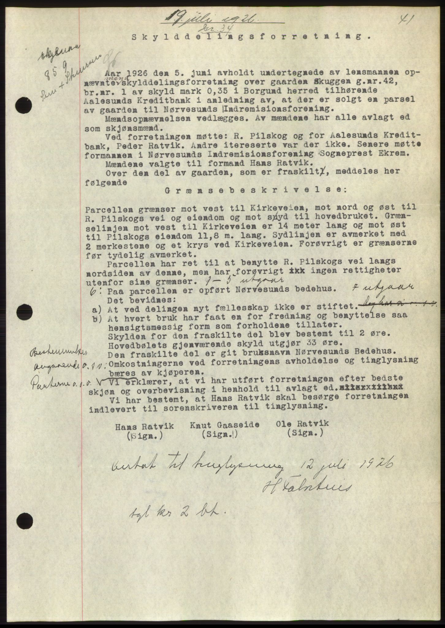 Nordre Sunnmøre sorenskriveri, AV/SAT-A-0006/1/2/2C/2Ca/L0035: Mortgage book no. 37, 1926-1926, Deed date: 19.07.1926