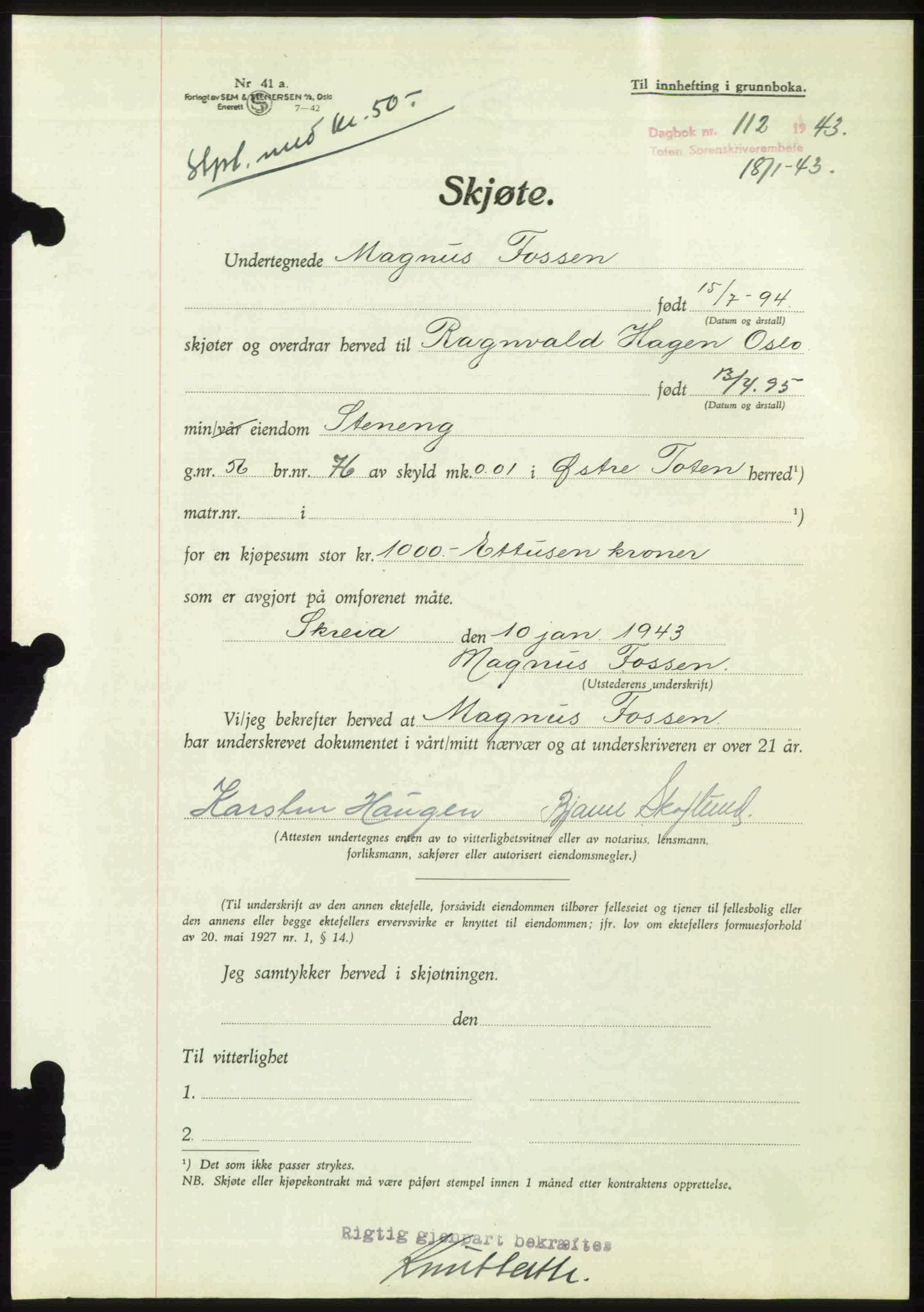 Toten tingrett, AV/SAH-TING-006/H/Hb/Hbc/L0010: Mortgage book no. Hbc-10, 1942-1943, Diary no: : 112/1943