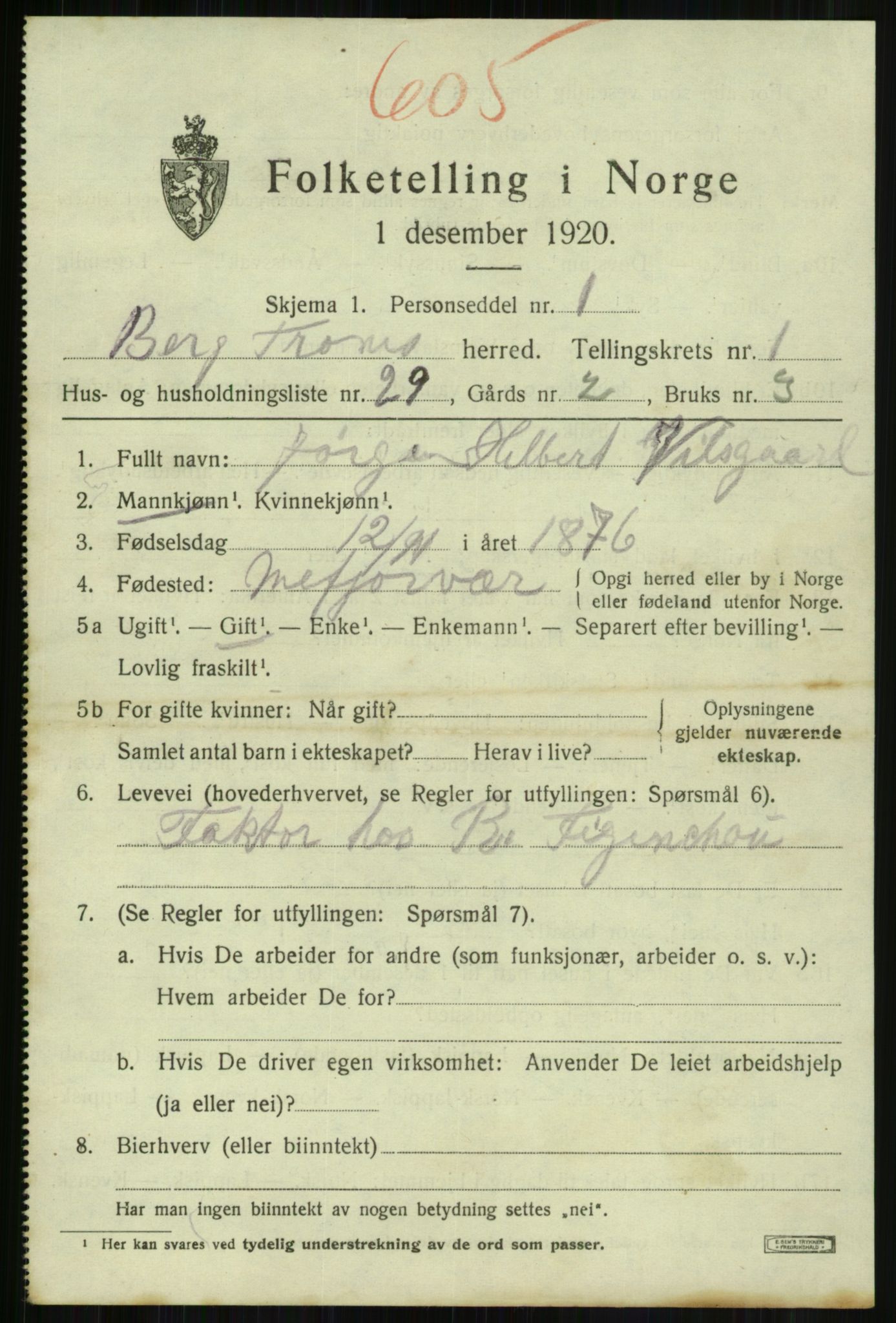 SATØ, 1920 census for Berg, 1920, p. 819