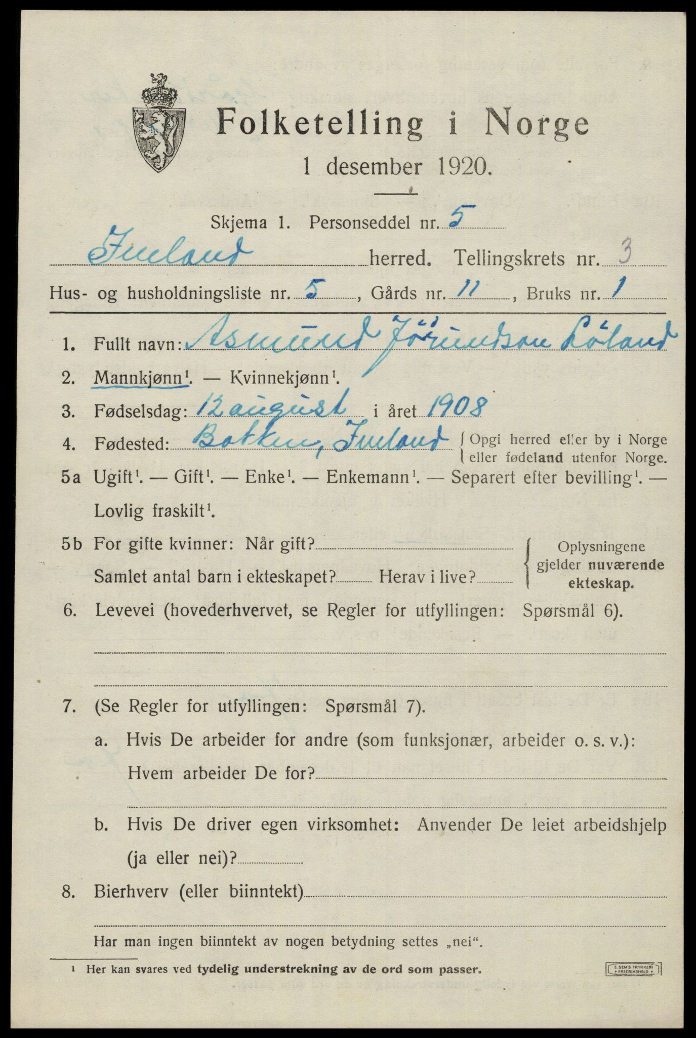 SAK, 1920 census for Iveland, 1920, p. 975