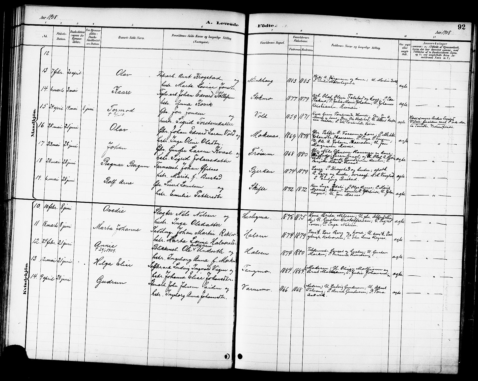 Ministerialprotokoller, klokkerbøker og fødselsregistre - Nord-Trøndelag, AV/SAT-A-1458/709/L0087: Parish register (copy) no. 709C01, 1892-1913, p. 92