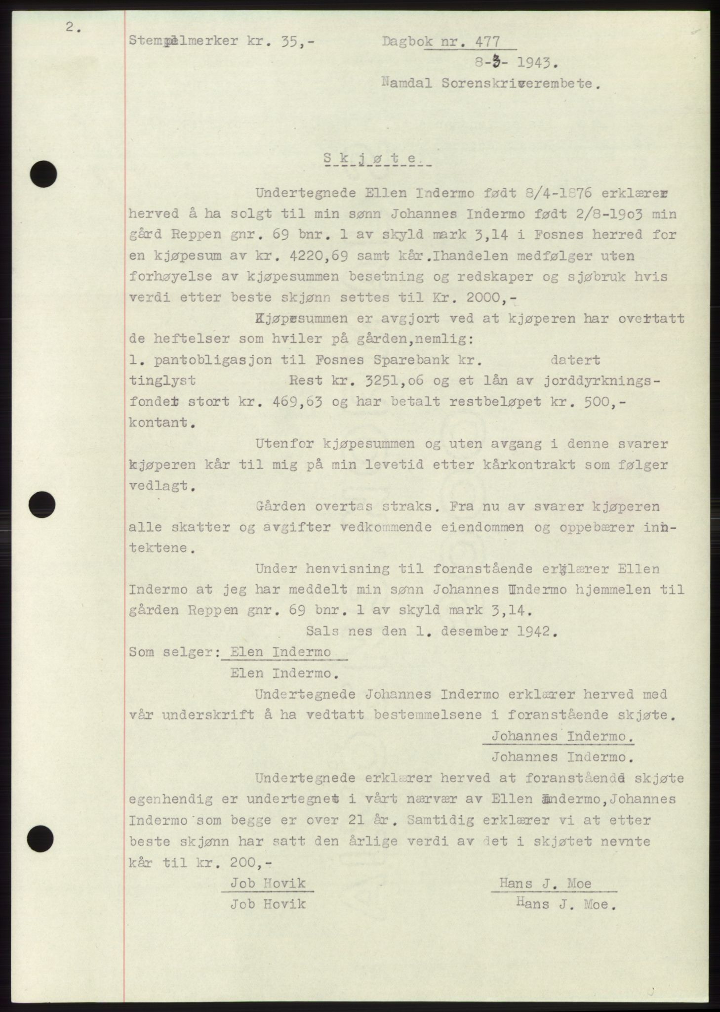 Namdal sorenskriveri, SAT/A-4133/1/2/2C: Mortgage book no. -, 1942-1943, Diary no: : 477/1943