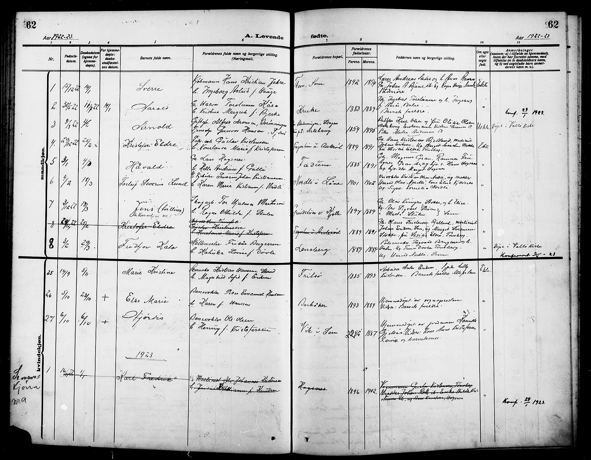 Sem kirkebøker, SAKO/A-5/G/Ga/L0007: Parish register (copy) no. I 7, 1909-1924, p. 62