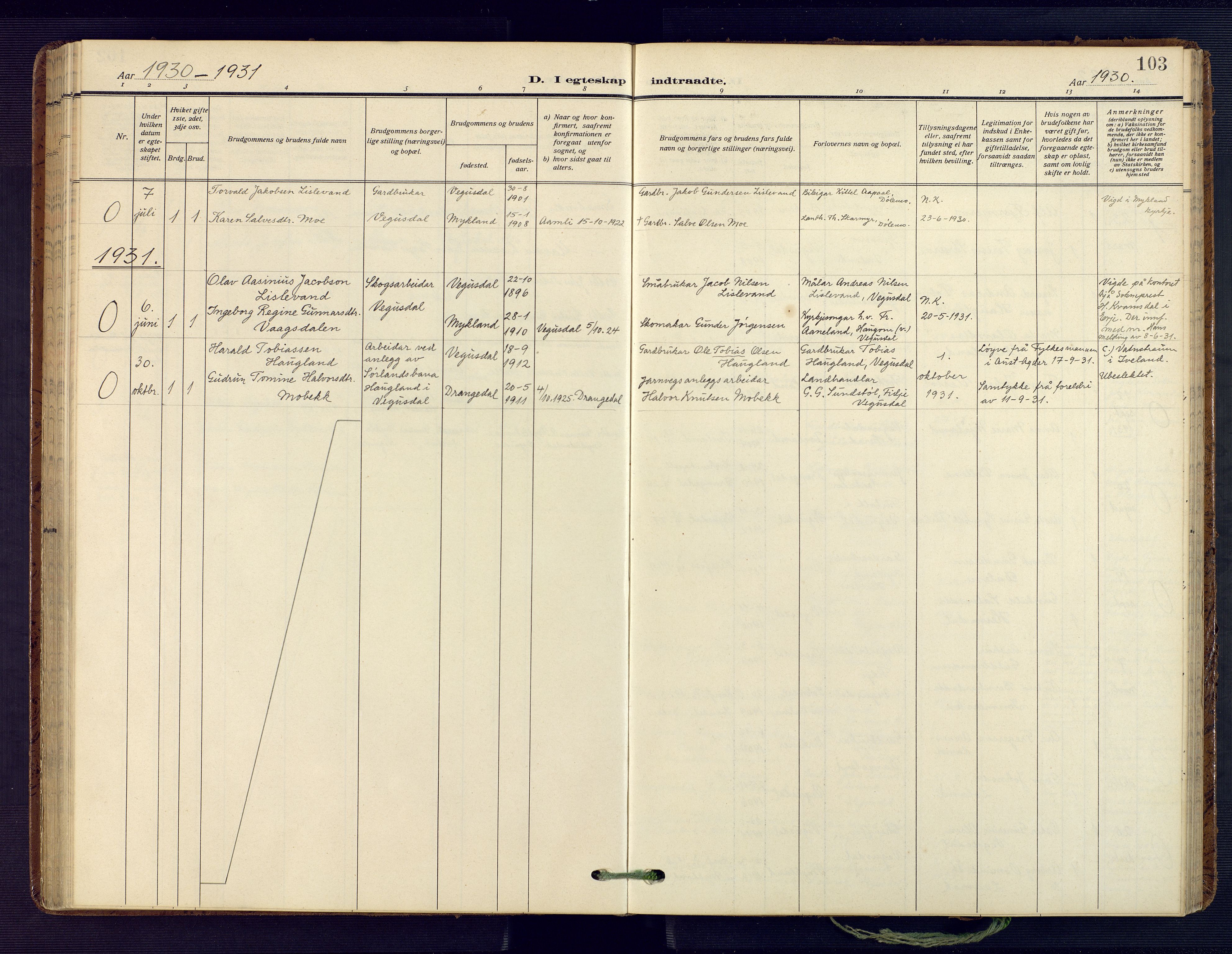 Herefoss sokneprestkontor, AV/SAK-1111-0019/F/Fa/Fab/L0005: Parish register (official) no. A 5, 1910-1932, p. 103