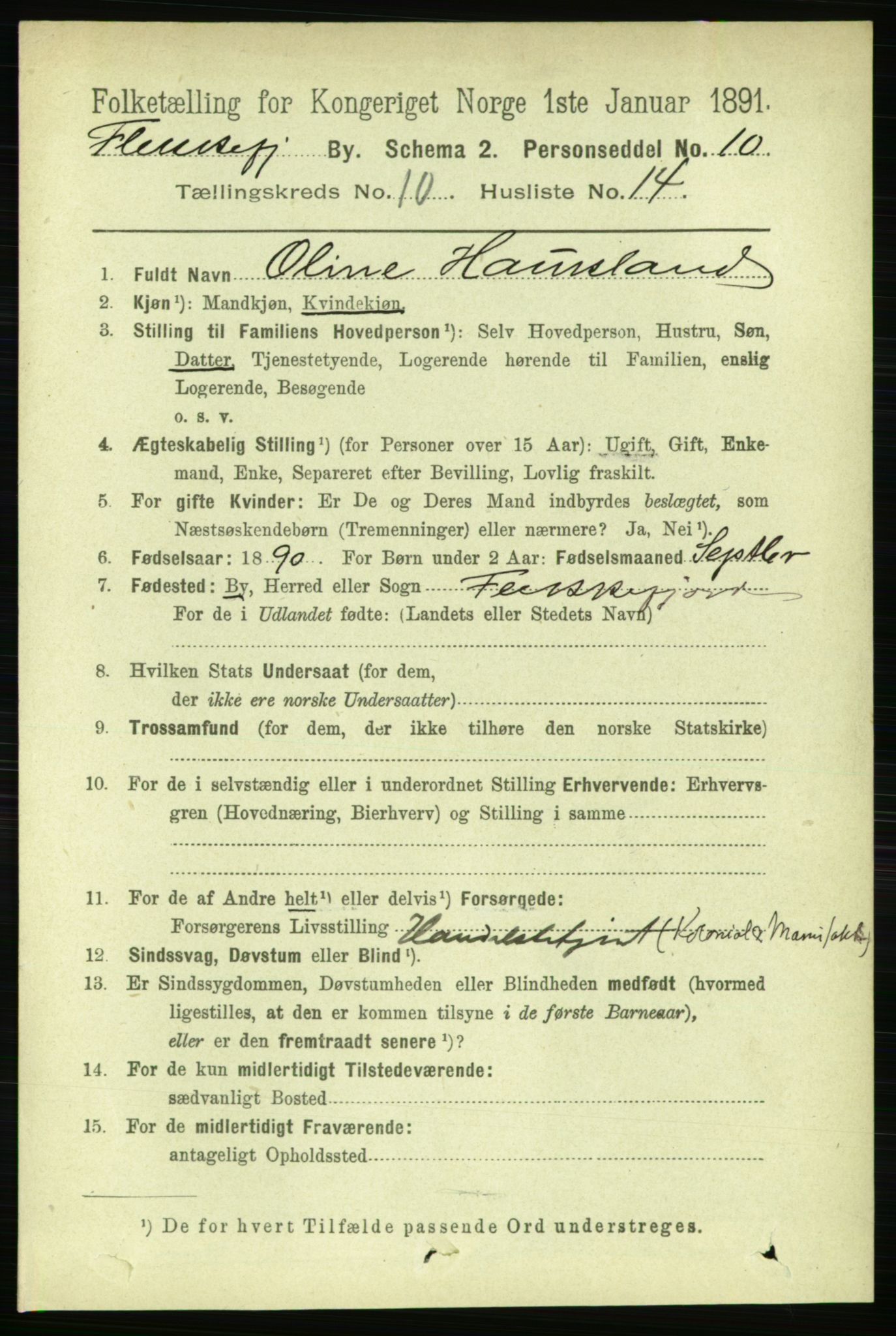 RA, 1891 census for 1004 Flekkefjord, 1891, p. 1622