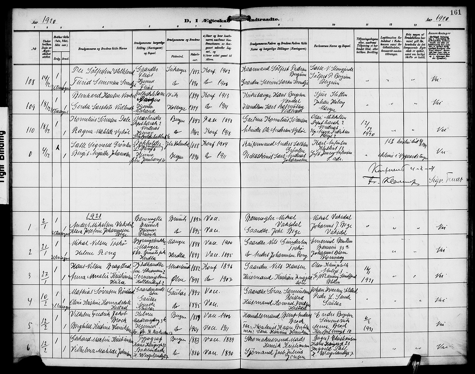 Korskirken sokneprestembete, AV/SAB-A-76101/H/Hab: Parish register (copy) no. D 4, 1906-1925, p. 161