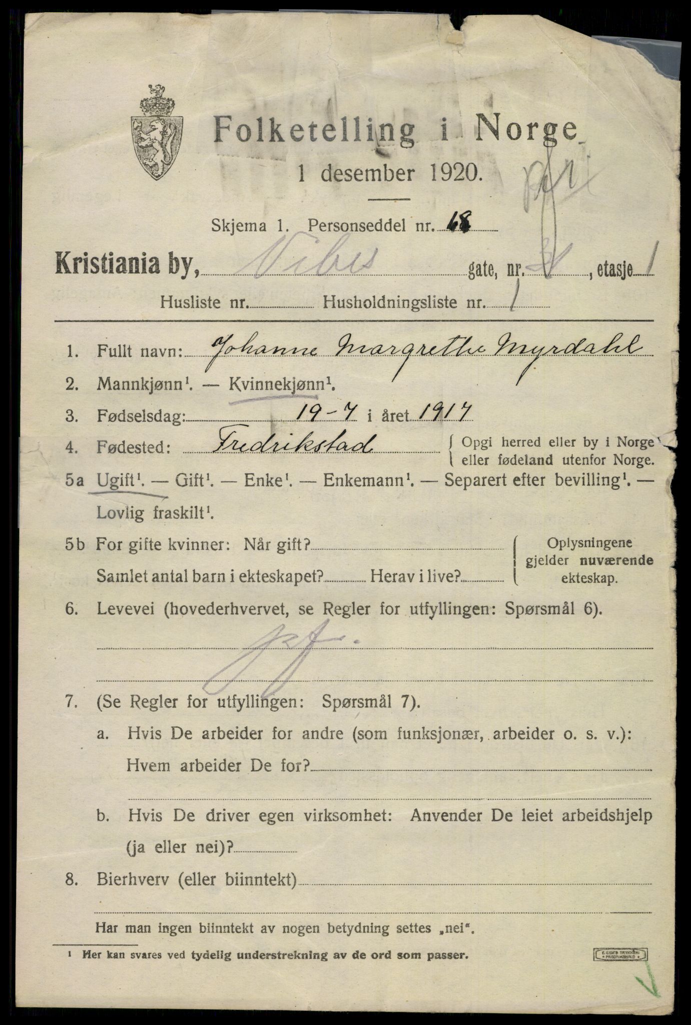 SAO, 1920 census for Kristiania, 1920, p. 636149