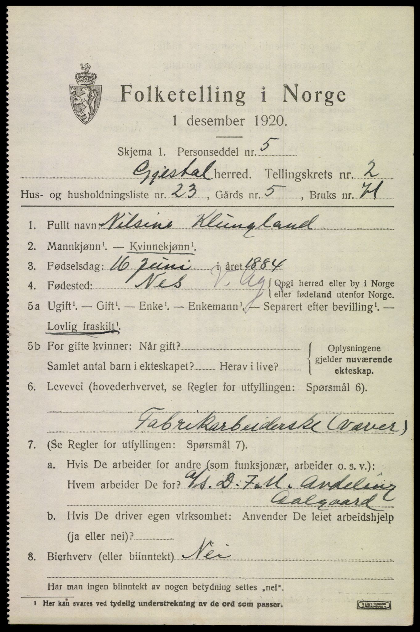 SAST, 1920 census for Gjesdal, 1920, p. 1742