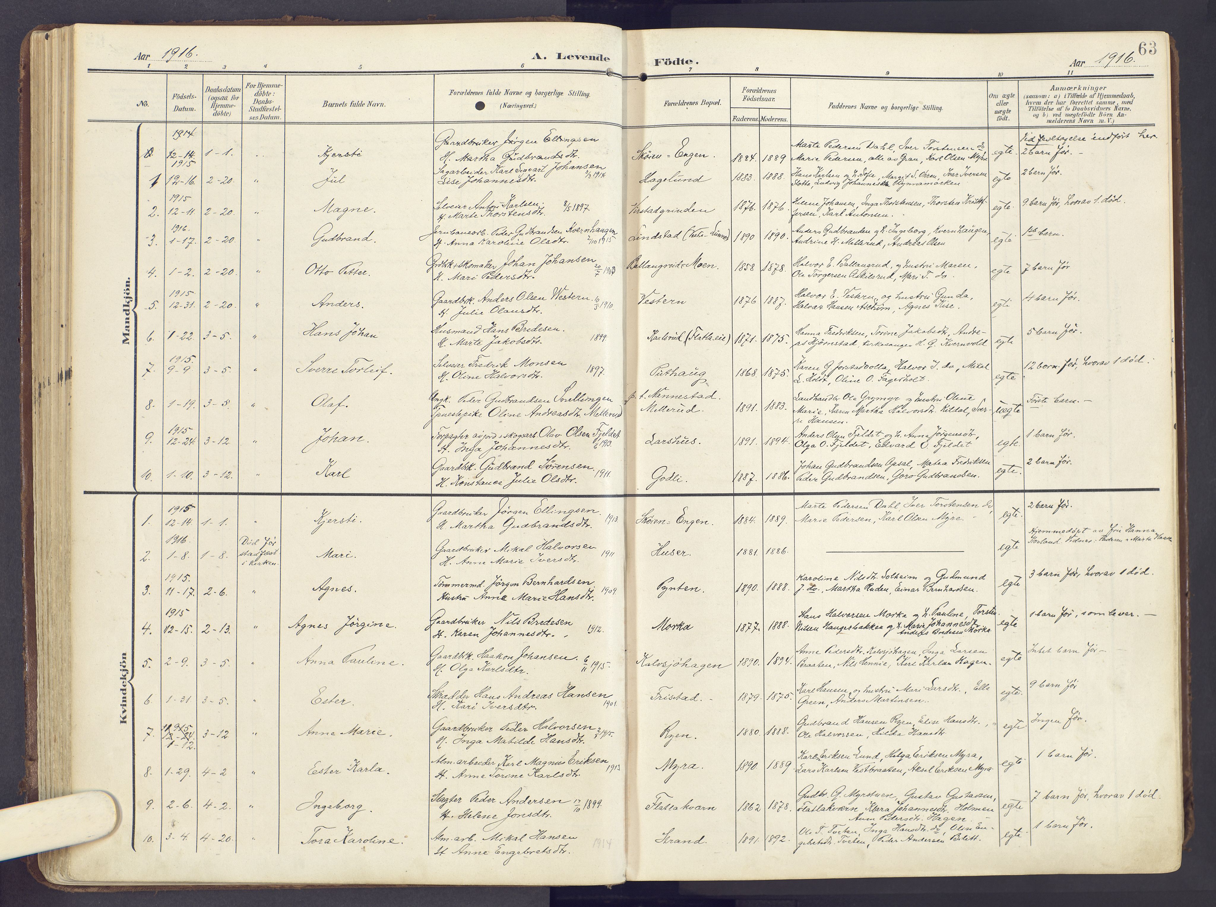 Lunner prestekontor, SAH/PREST-118/H/Ha/Haa/L0001: Parish register (official) no. 1, 1907-1922, p. 63